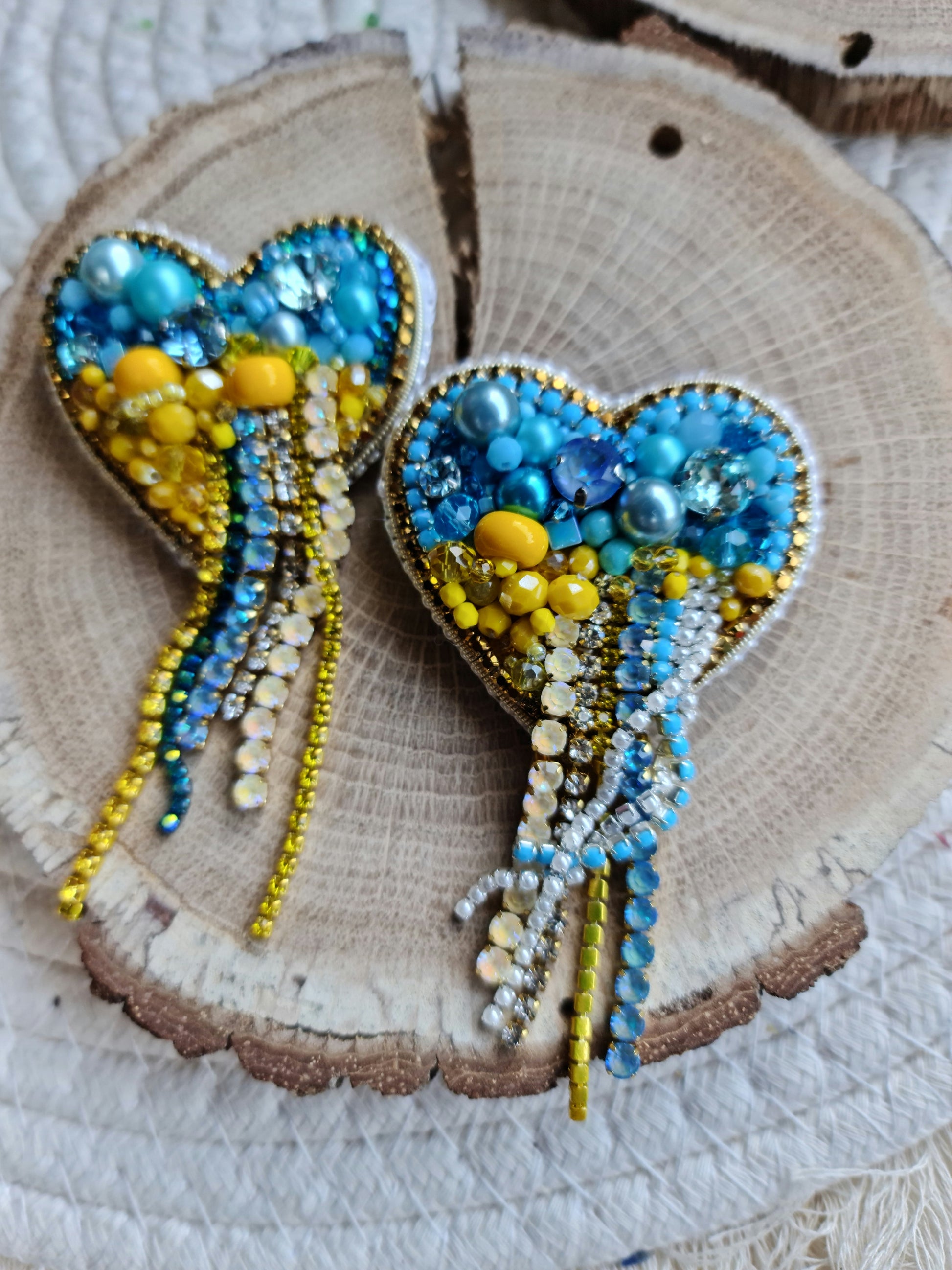 Blue and Yellow Heart Beaded Brooch