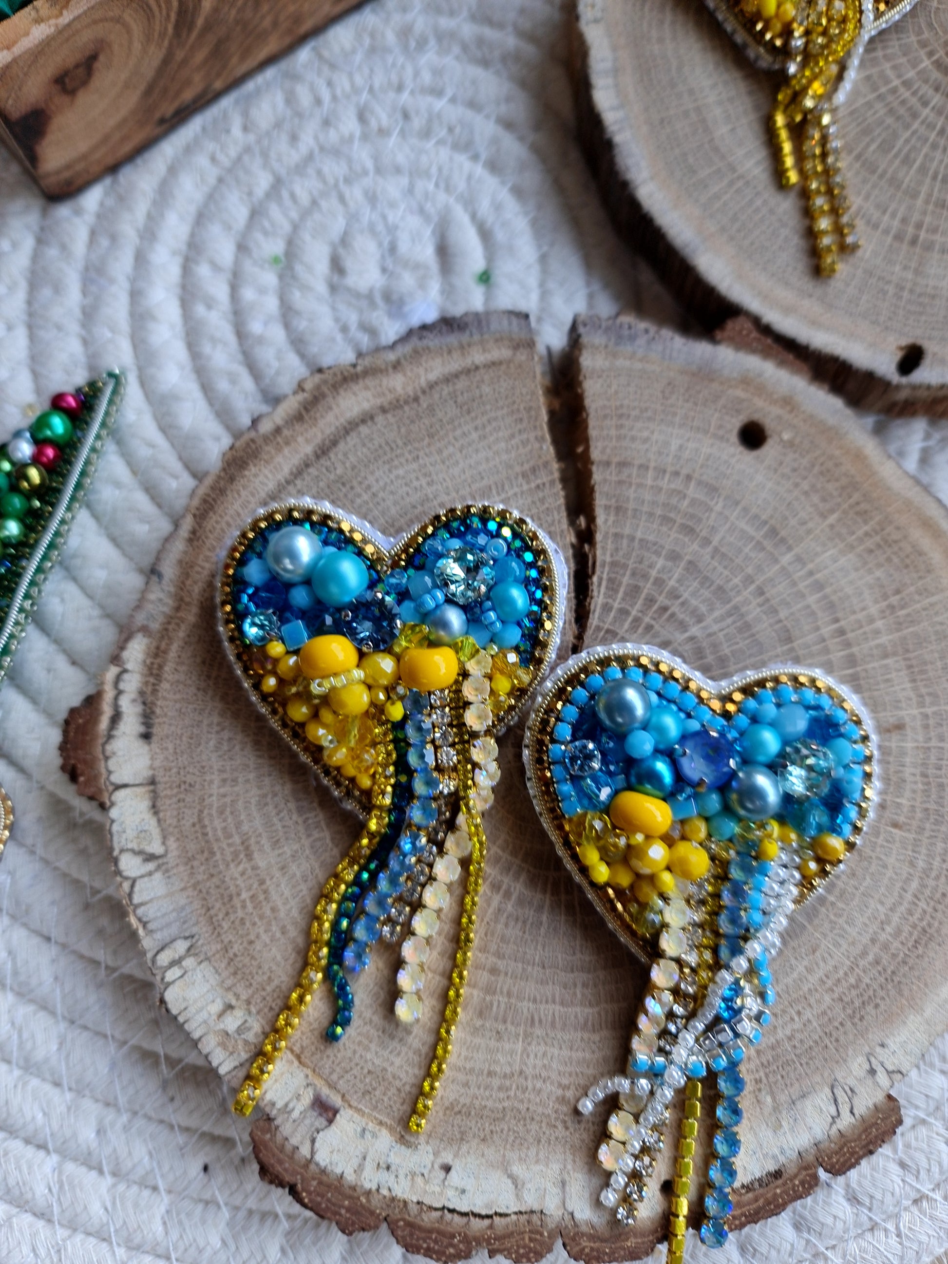 Blue and Yellow Heart Beaded Brooch