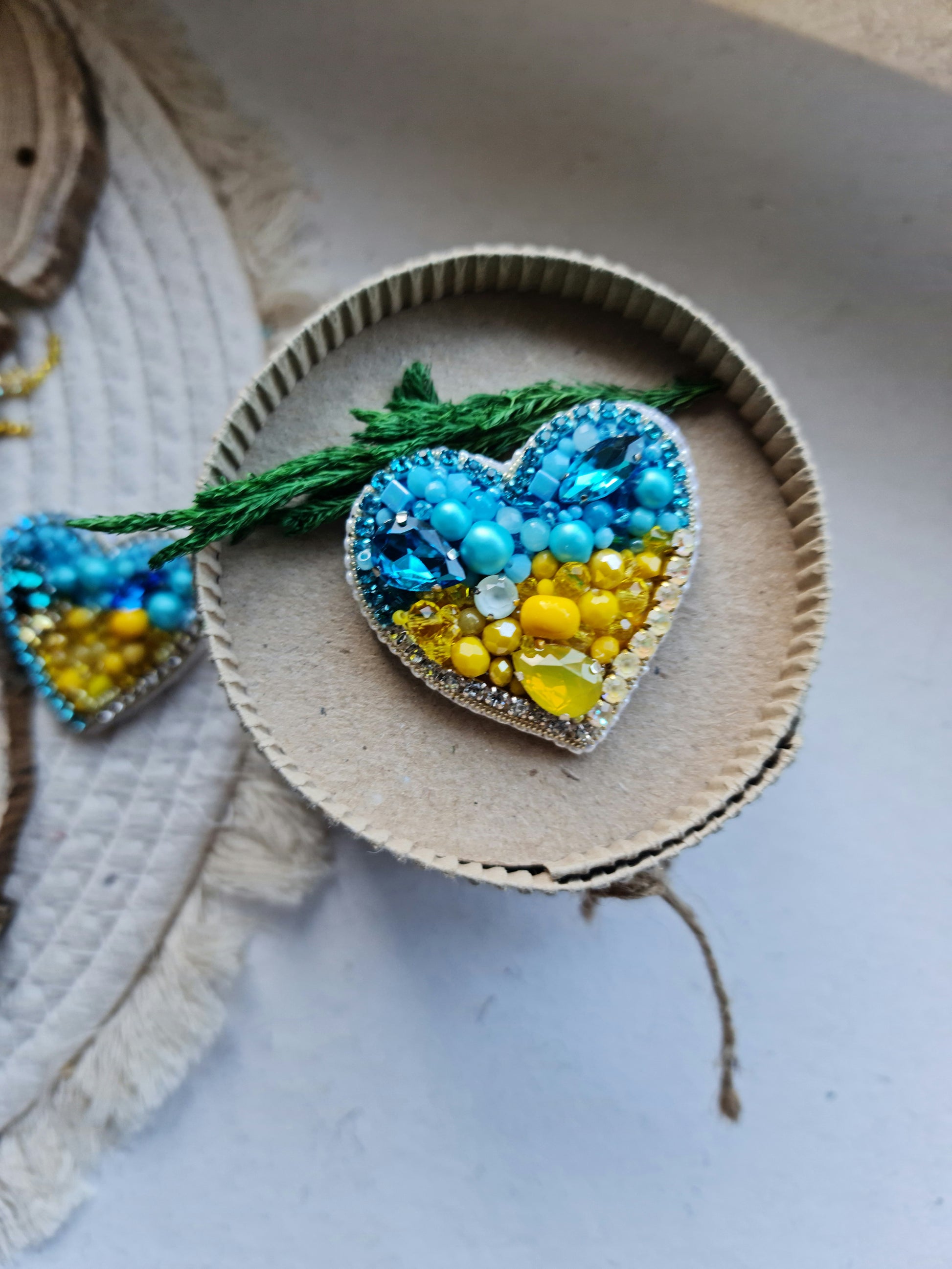 Blue and Yellow Heart Beaded Brooch