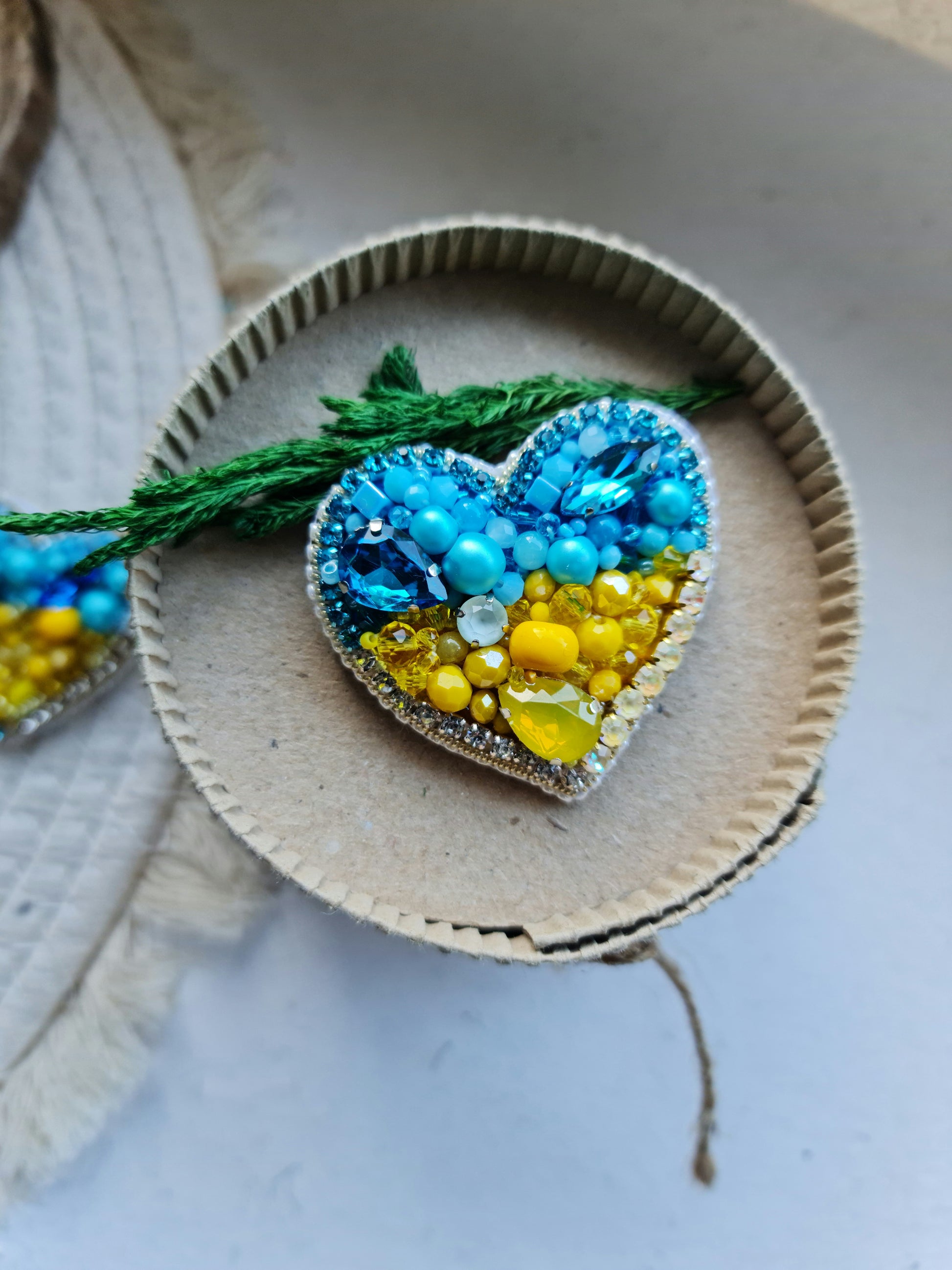 Blue and Yellow Heart Beaded Brooch