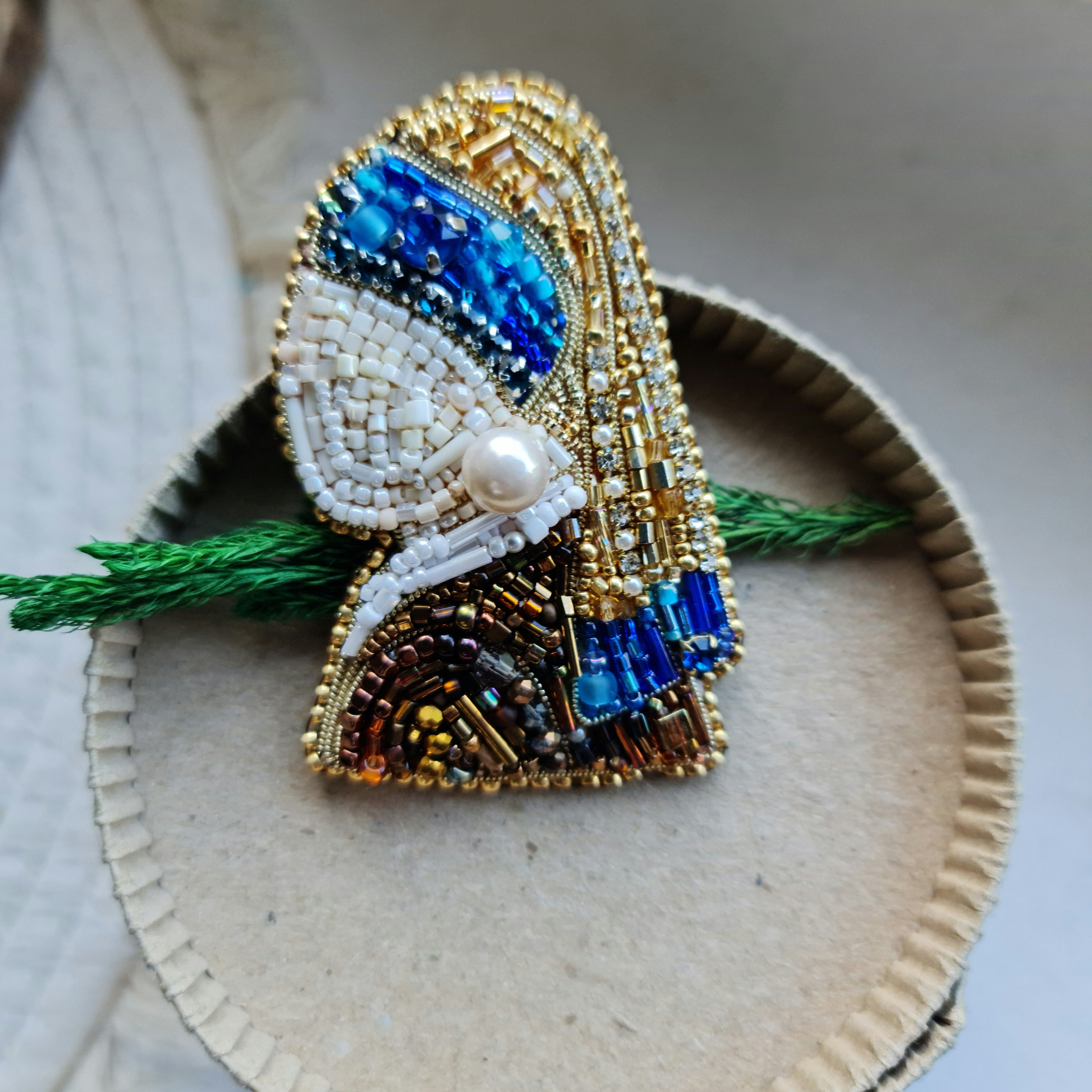 Vermeer inspired Girl with a Pearl Earring beaded brooch hand embroidered with blue gold and pearl details