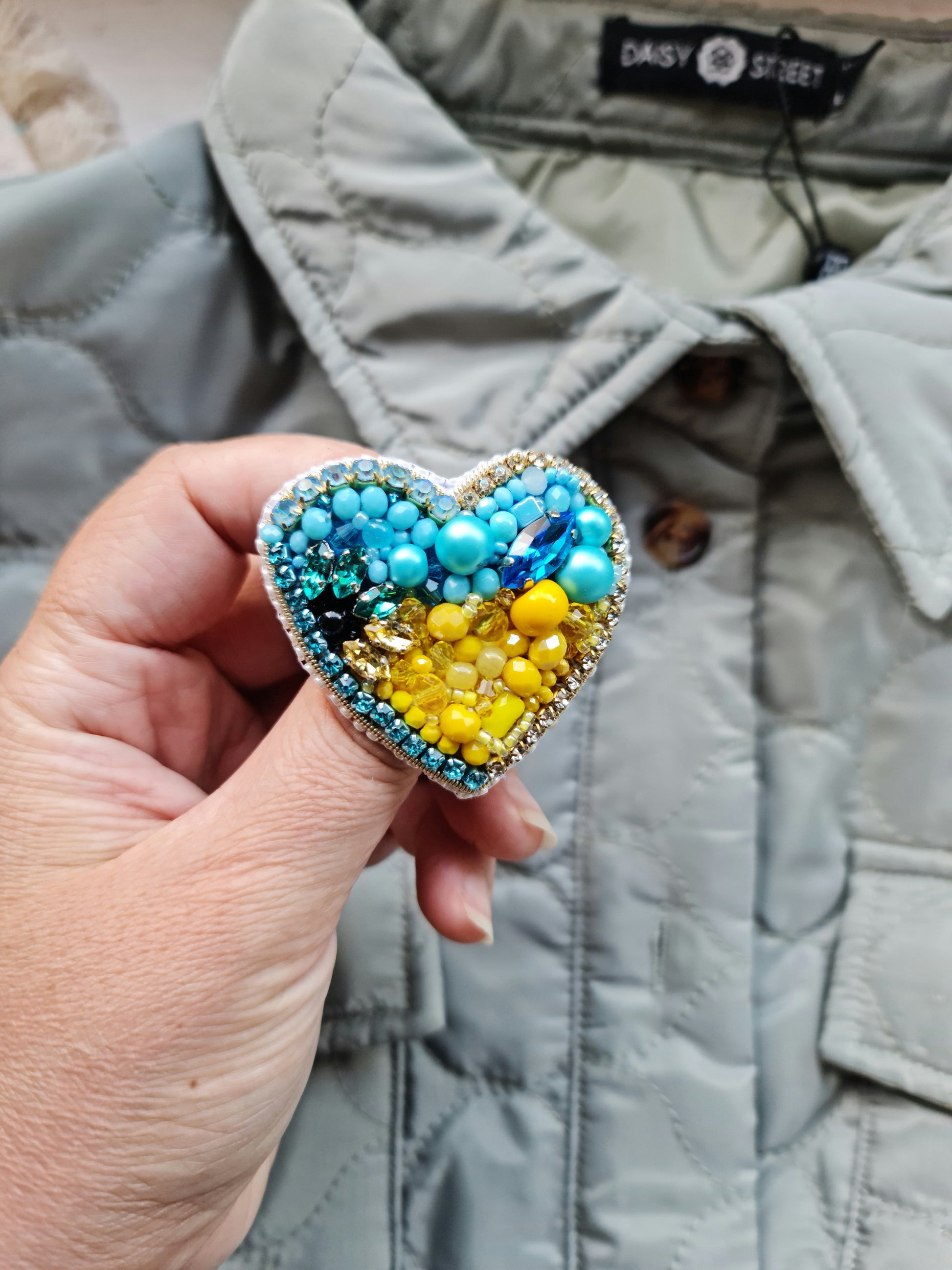 Blue and Yellow Heart Beaded Brooch