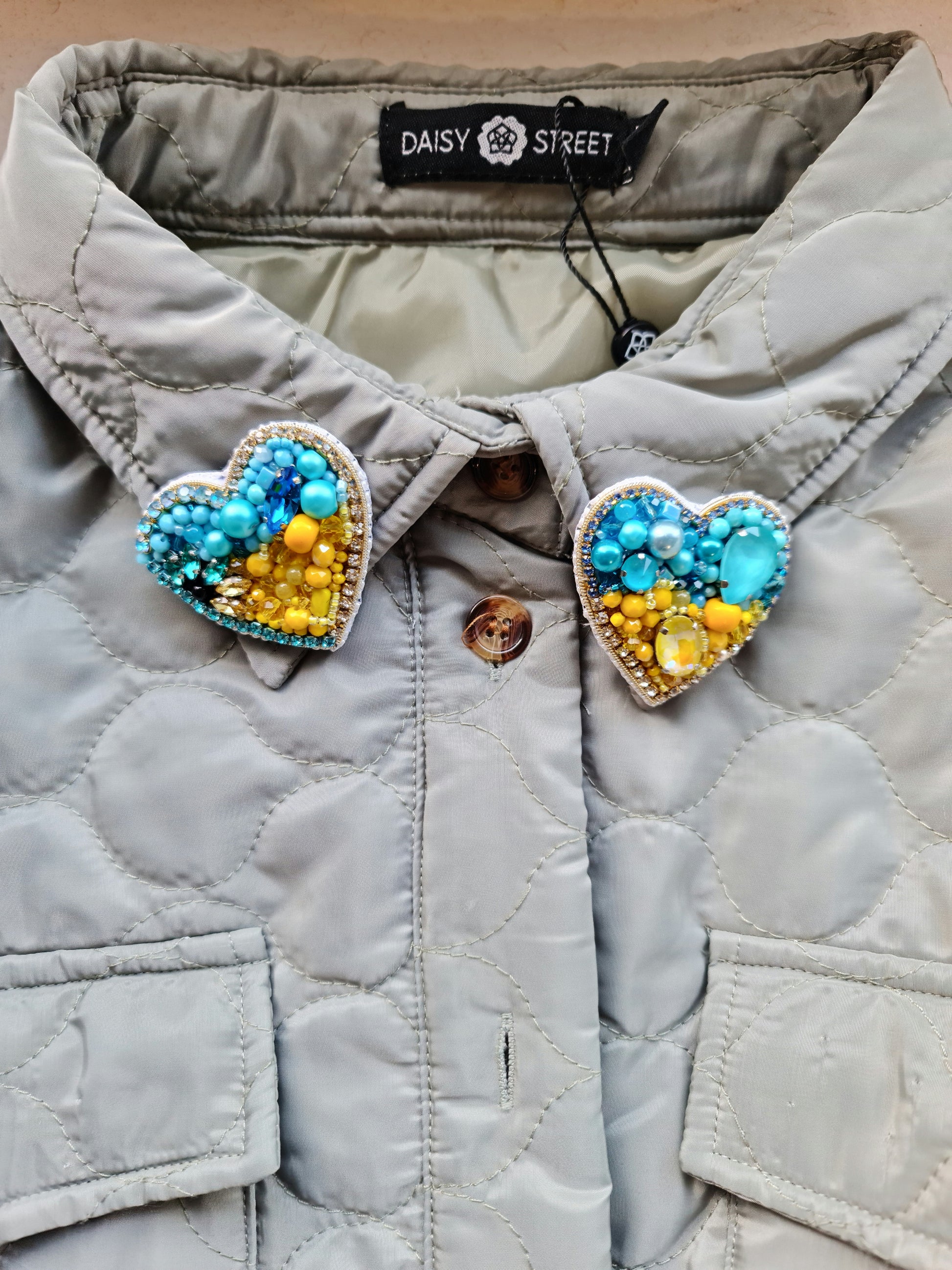 Blue and Yellow Heart Beaded Brooch