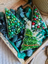 Three handmade Christmas tree beaded brooches with pearls crystals and colorful holiday details