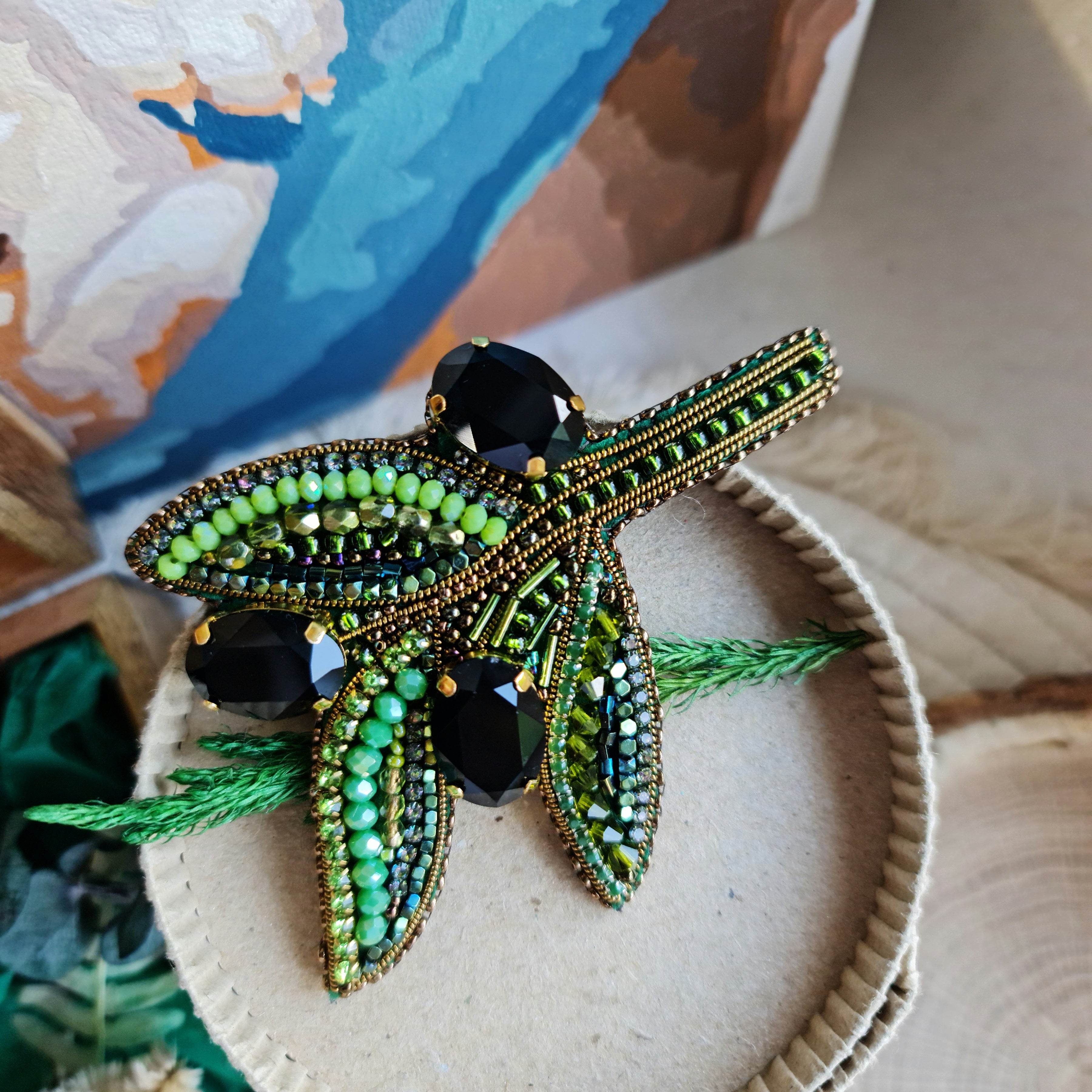Olive branch beaded brooch hand embroidered with green beads black crystals and leaf details