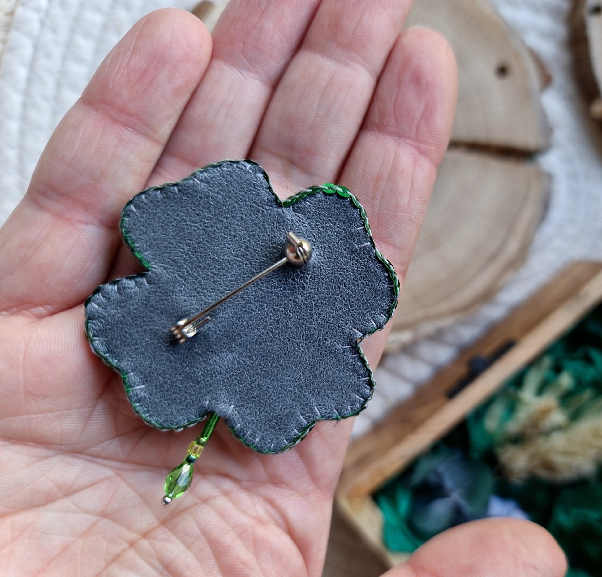 Green Clover Beaded Brooch