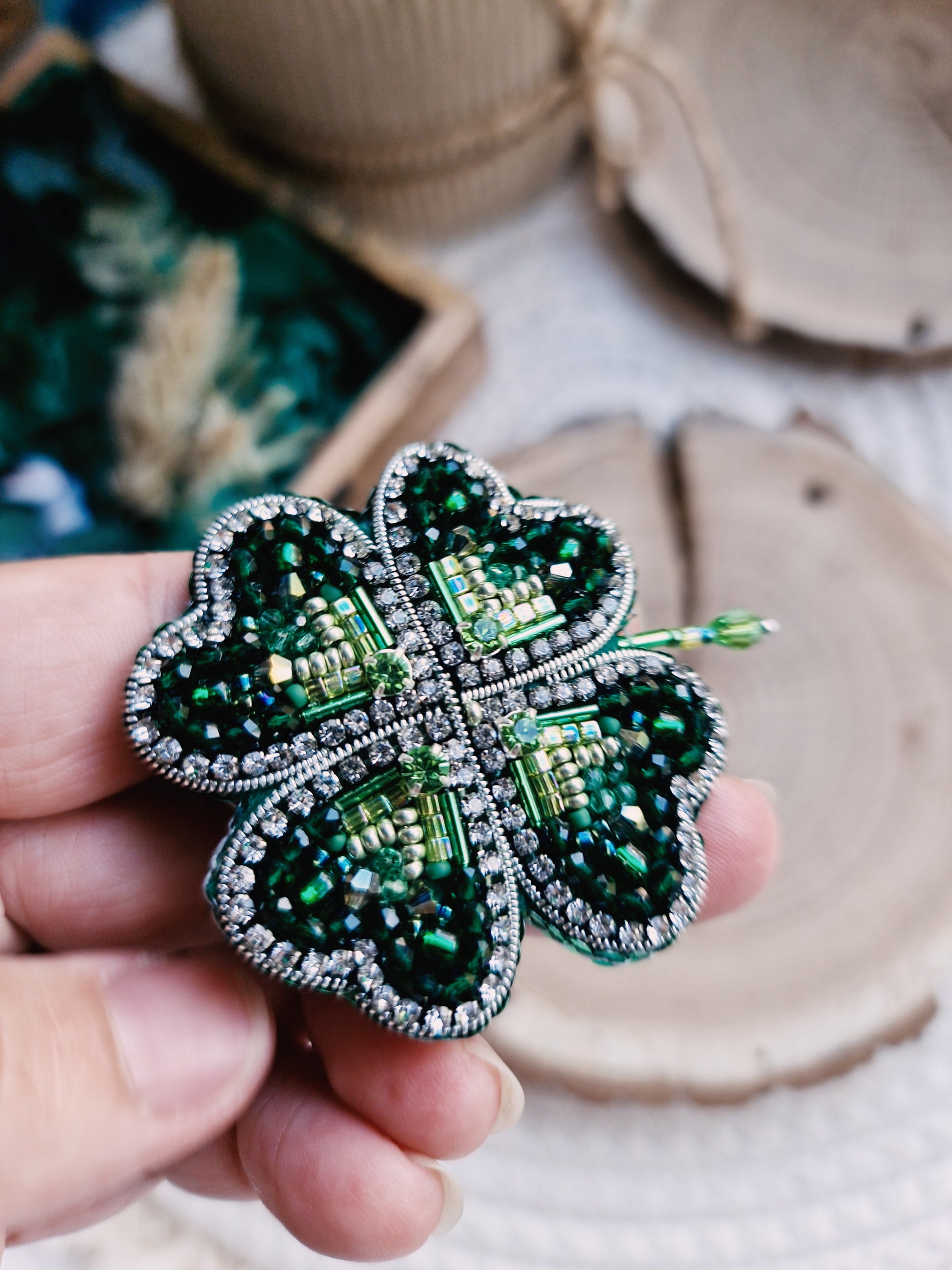 Green Clover Beaded Brooch