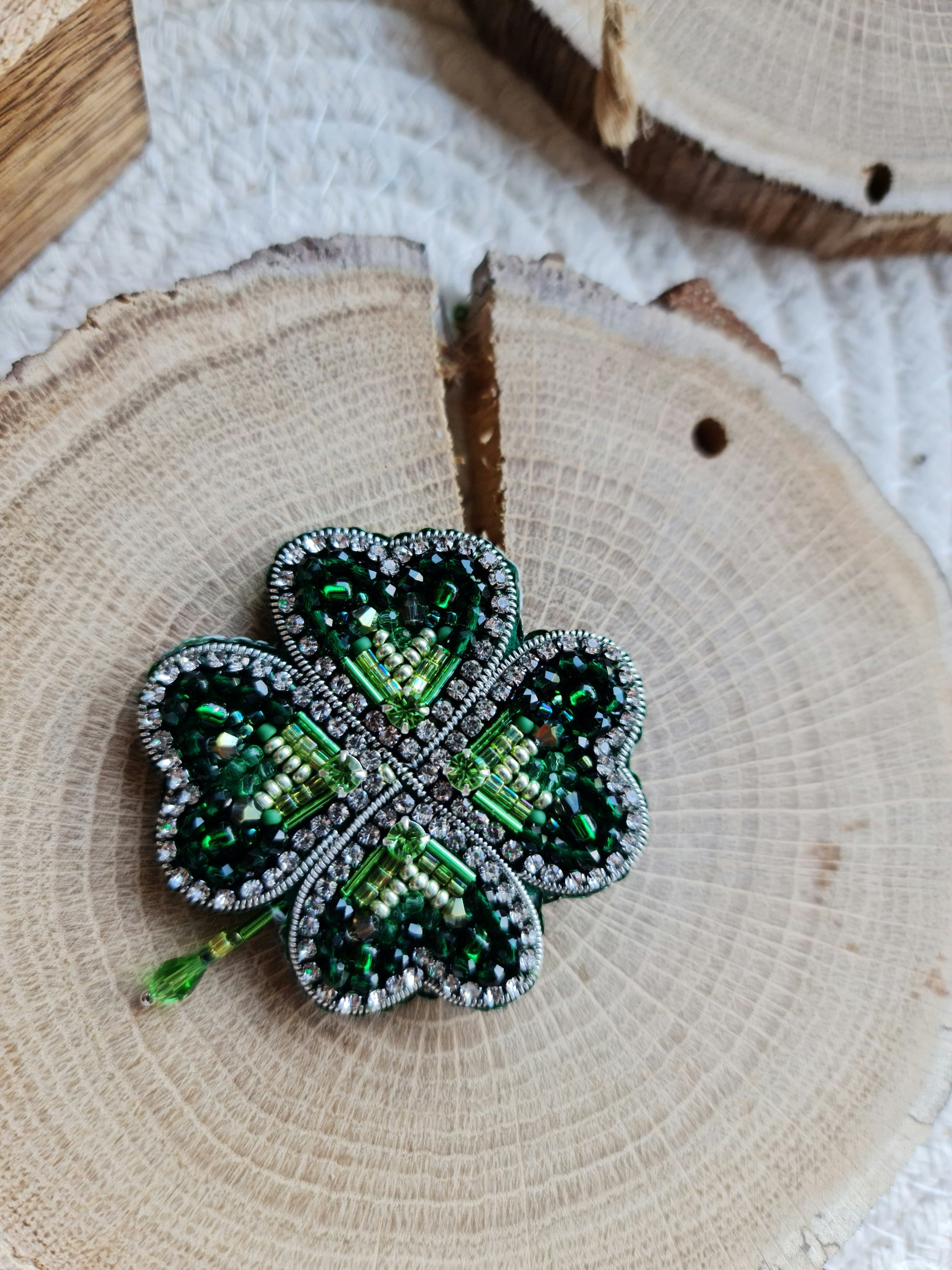 Green Clover Beaded Brooch
