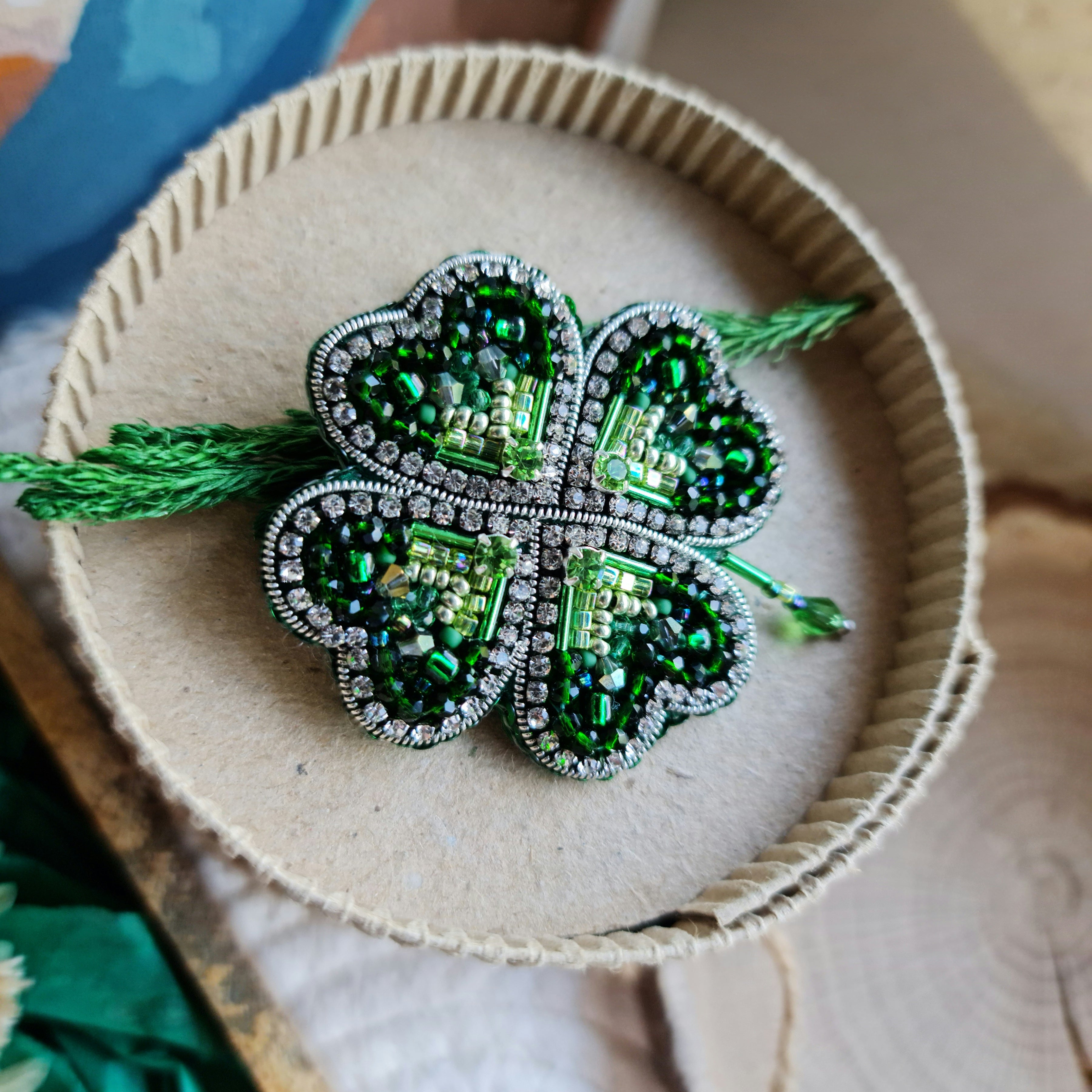 Green clover beaded brooch hand embroidered with rhinestones beads and crystal details