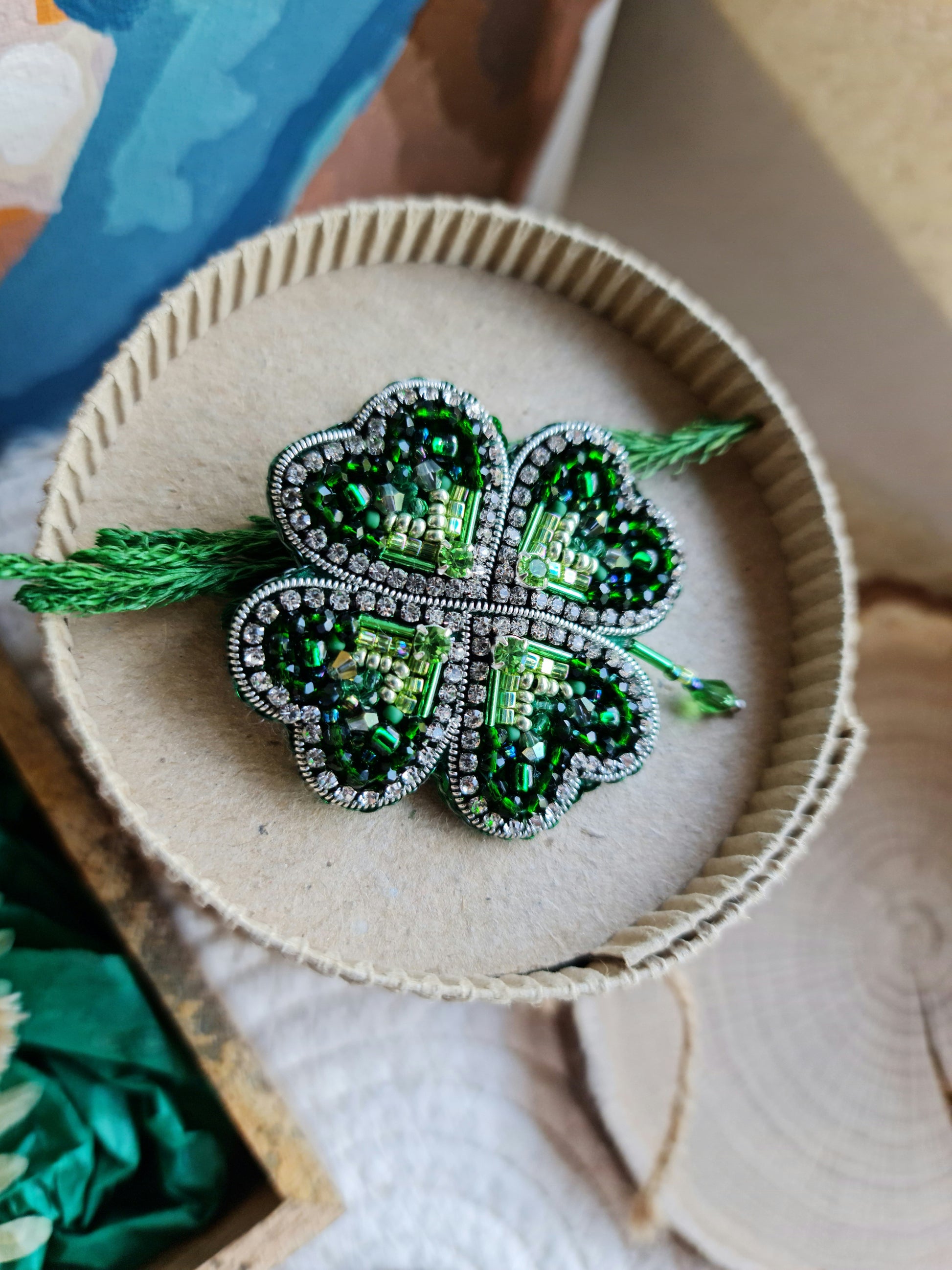Green clover beaded brooch hand embroidered with rhinestones beads and crystal details