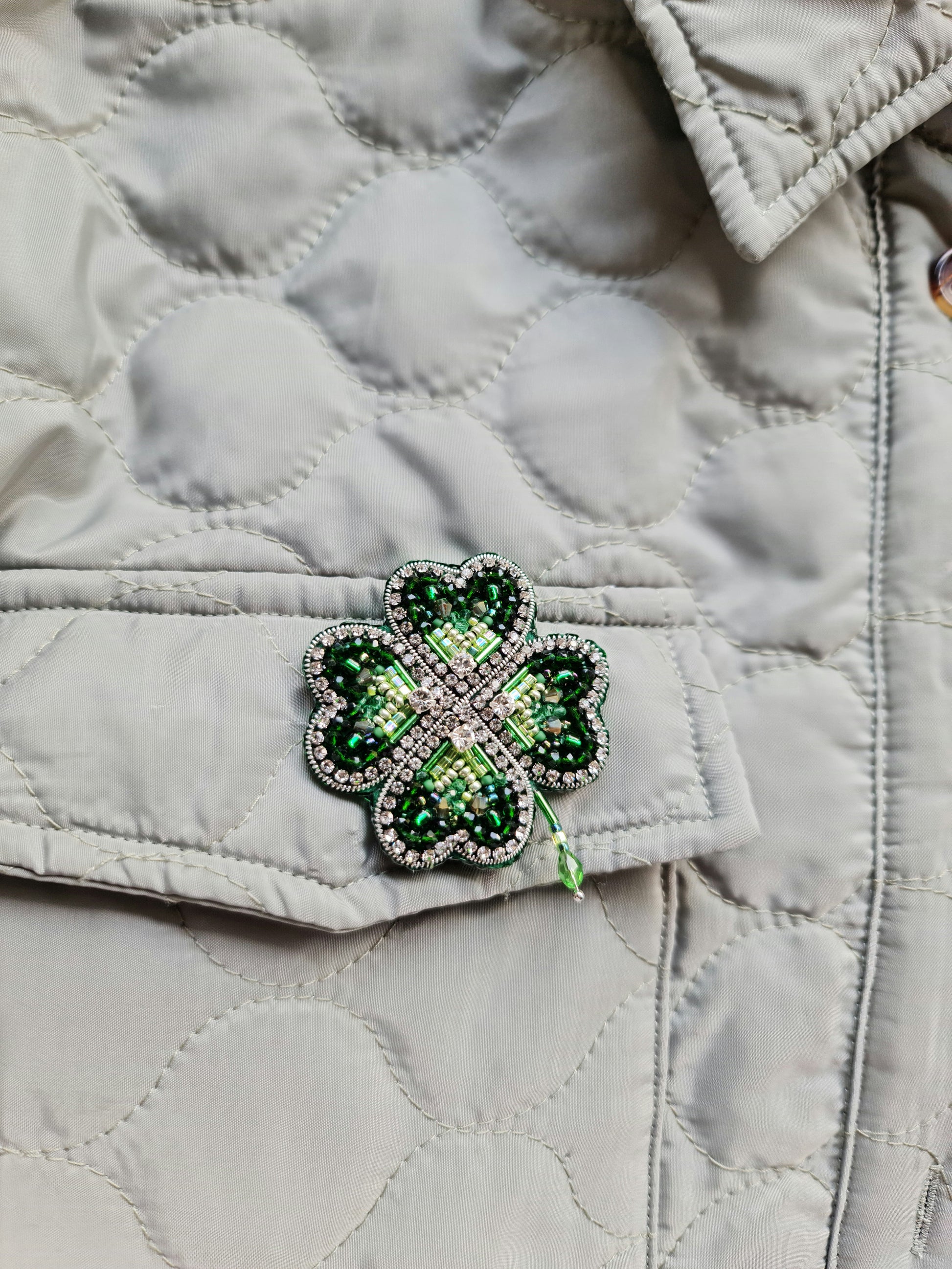 Green Clover Beaded Brooch