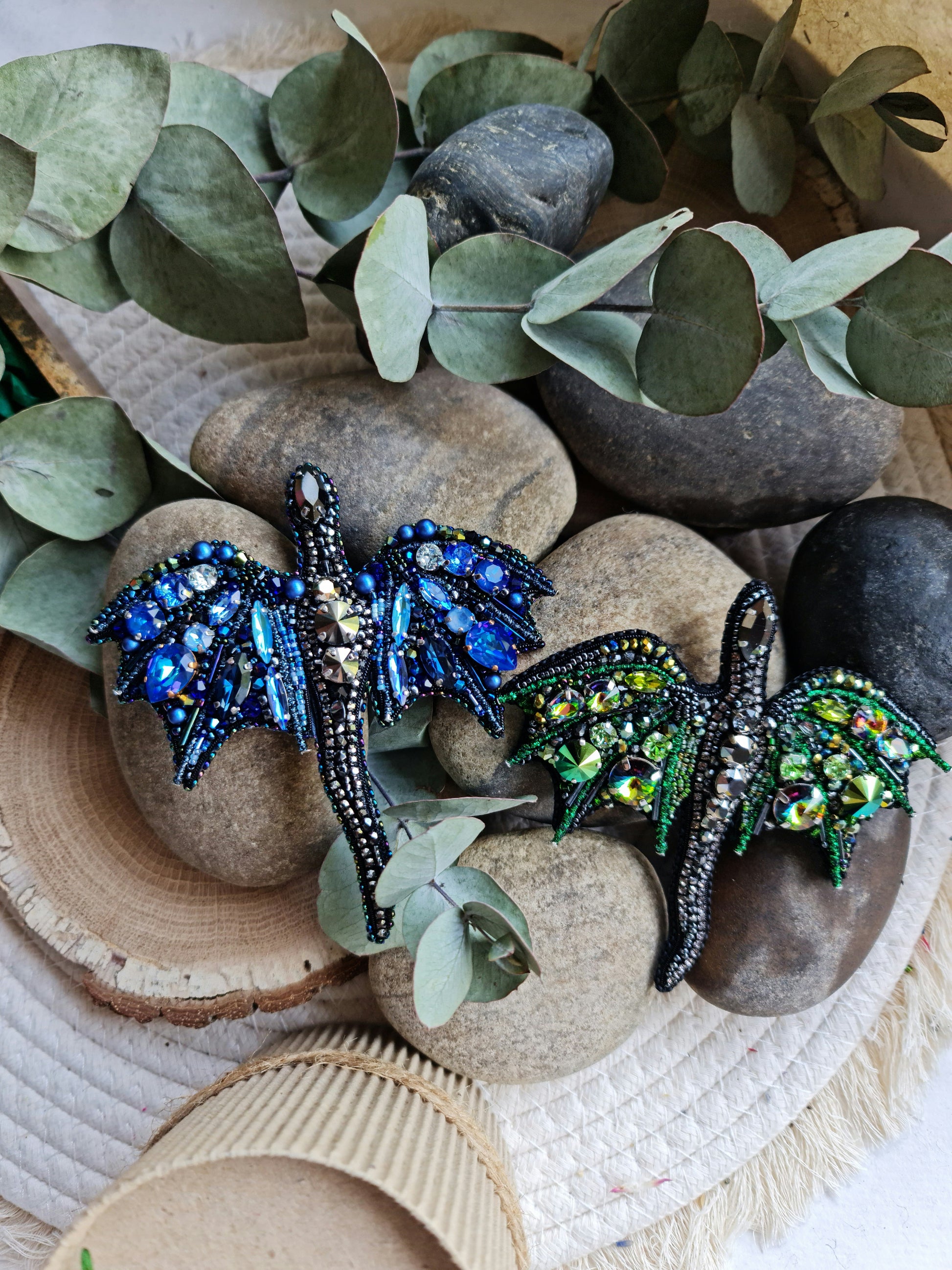 Crystal dragon beaded brooches hand embroidered in gold silver green and blue colors