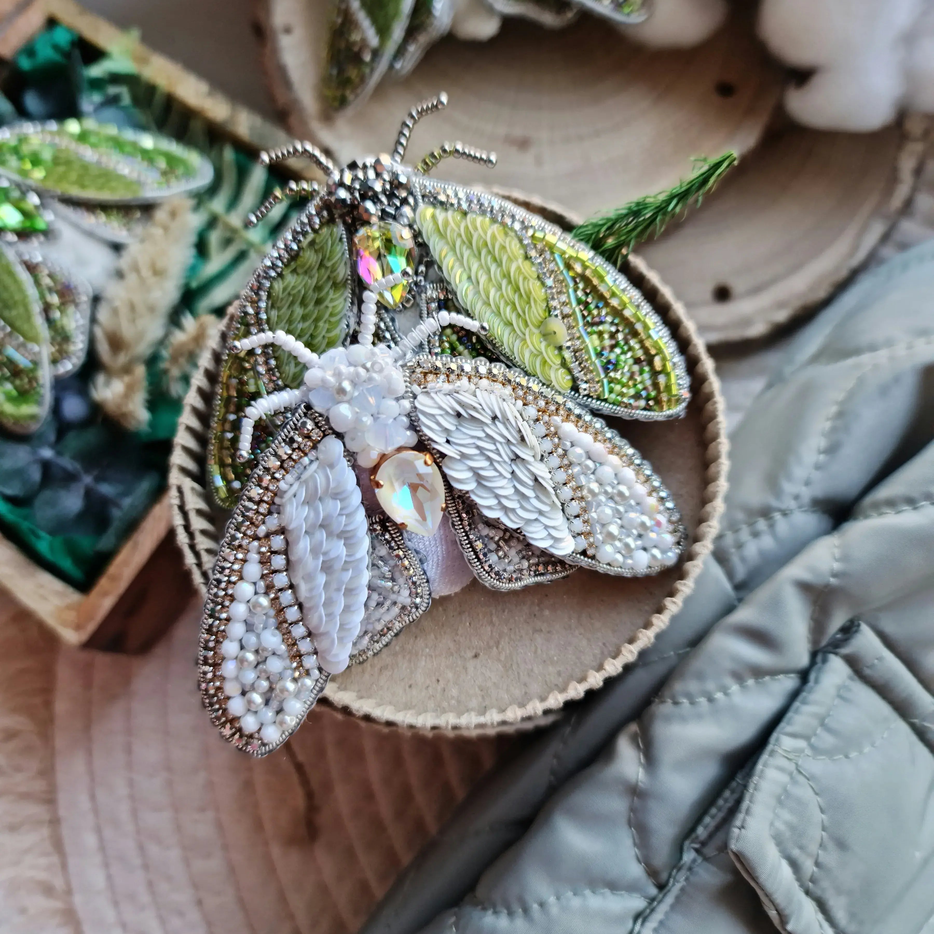 Mystic Green Moth Beaded Brooch