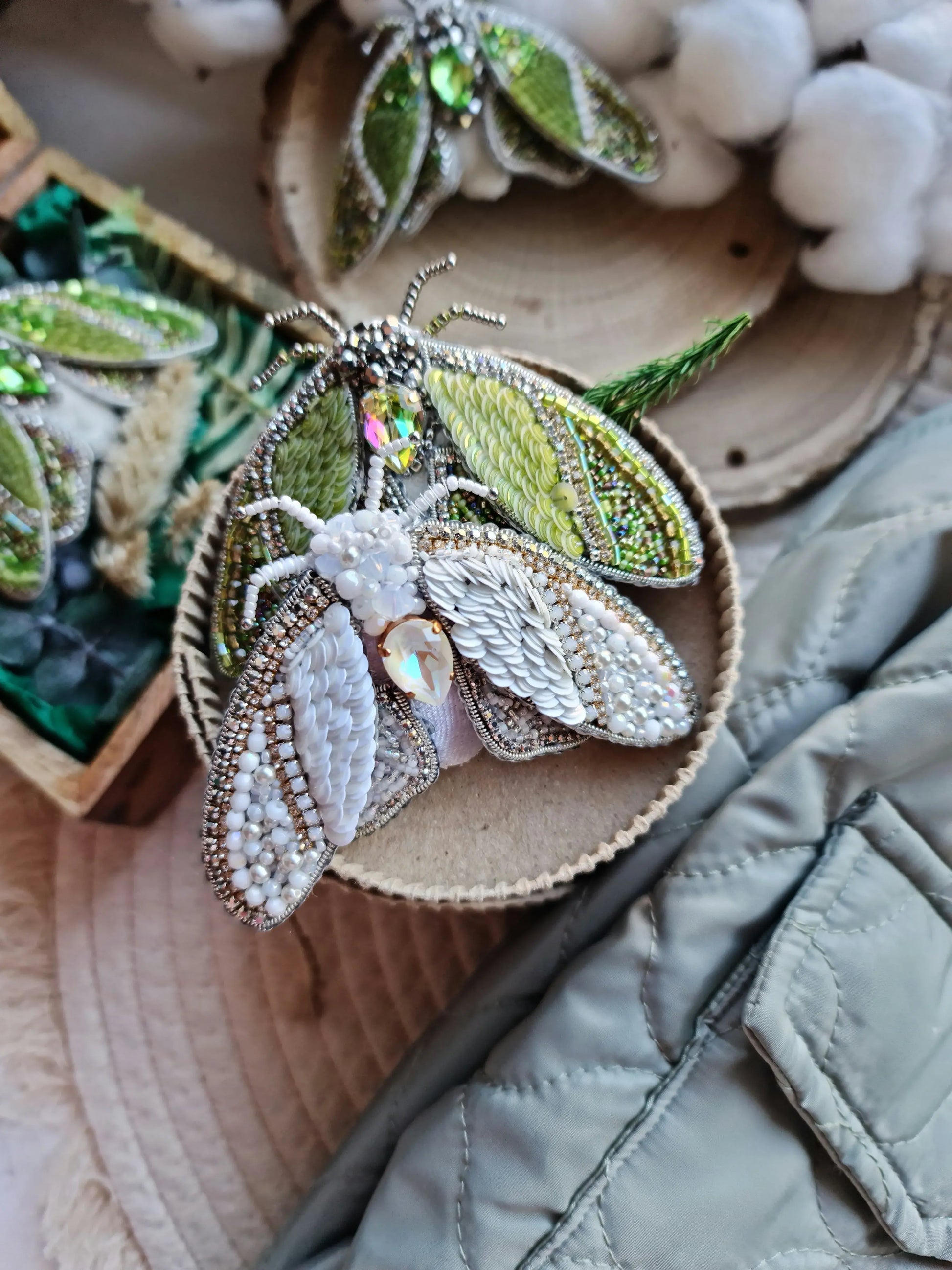 Mystic Green Moth Beaded Brooch