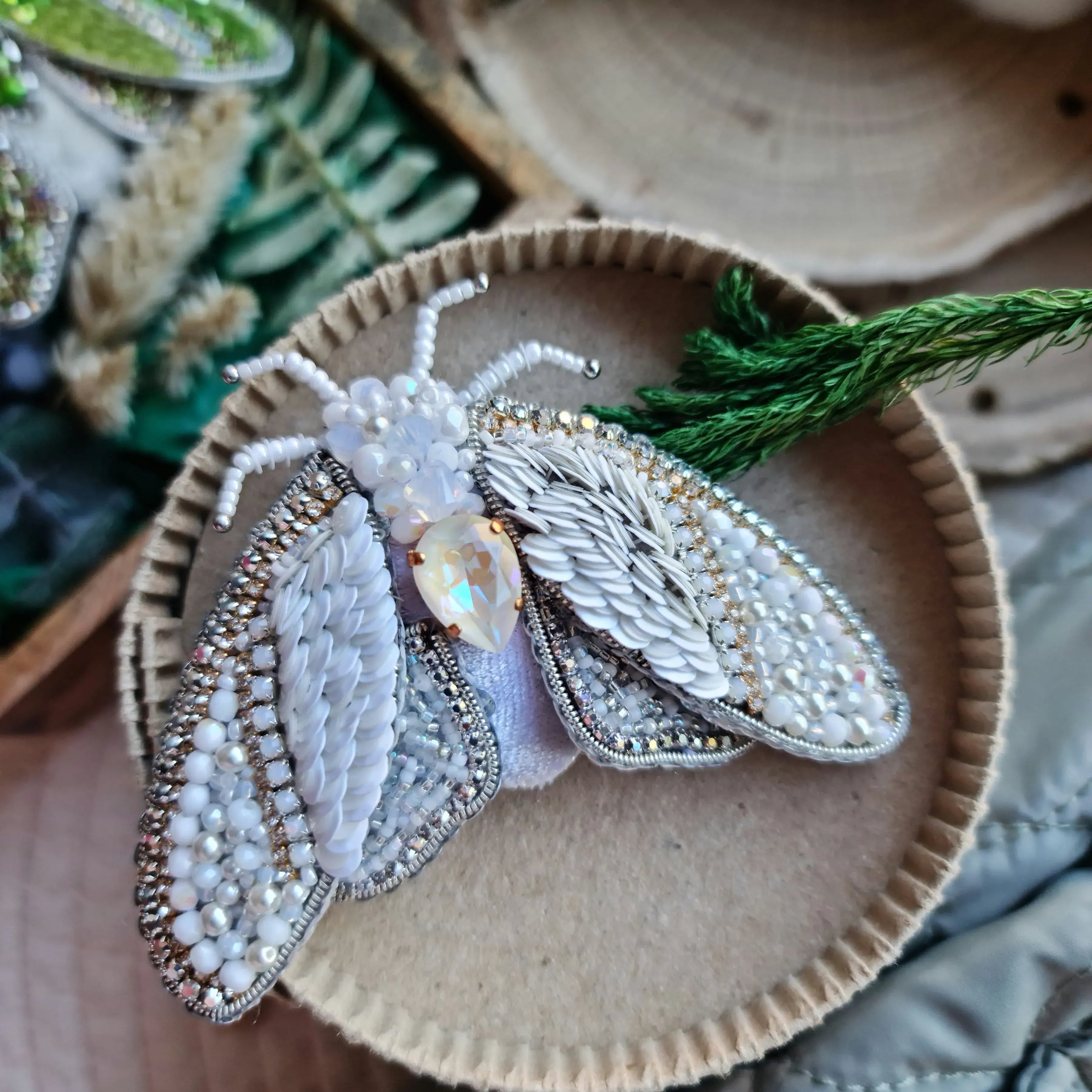Mystic Green Moth Beaded Brooch