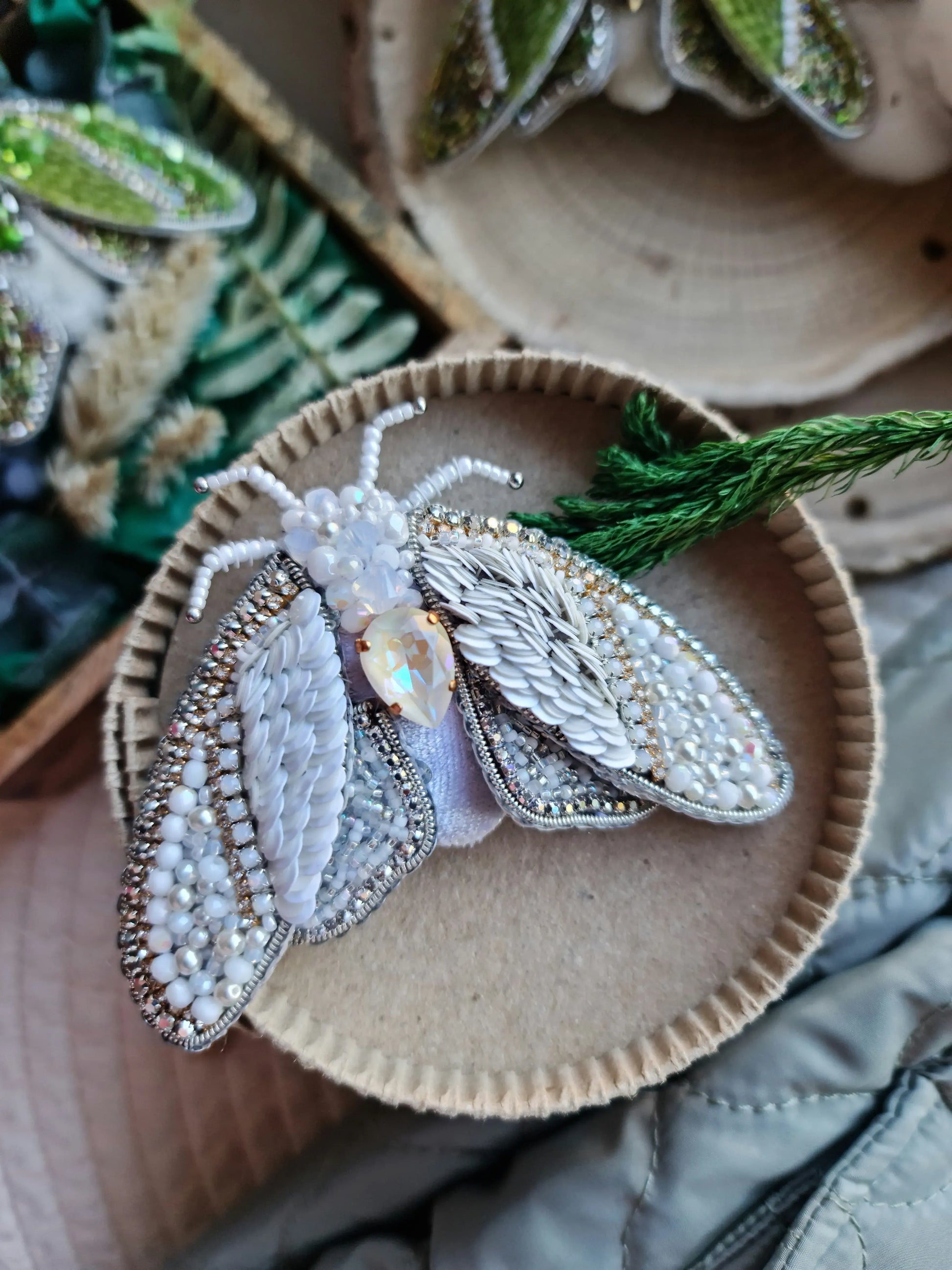 Mystic Green Moth Beaded Brooch