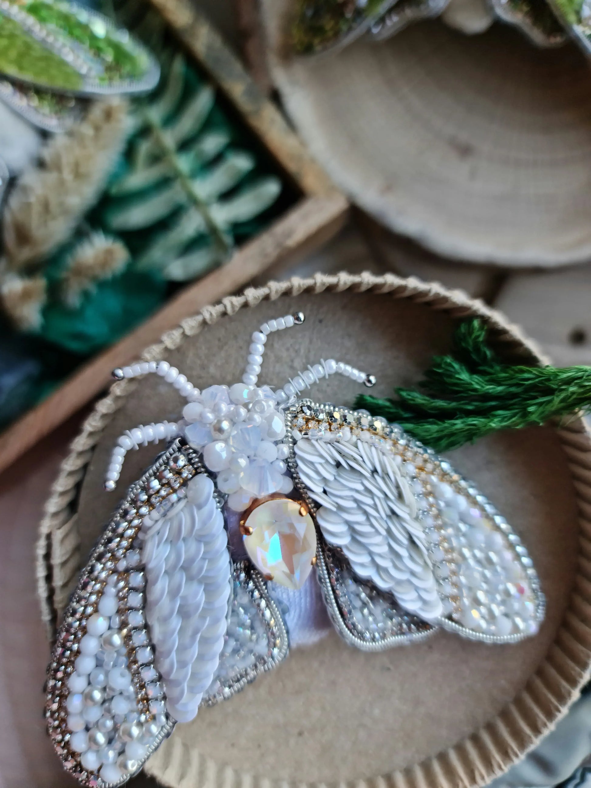 Mystic Green Moth Beaded Brooch