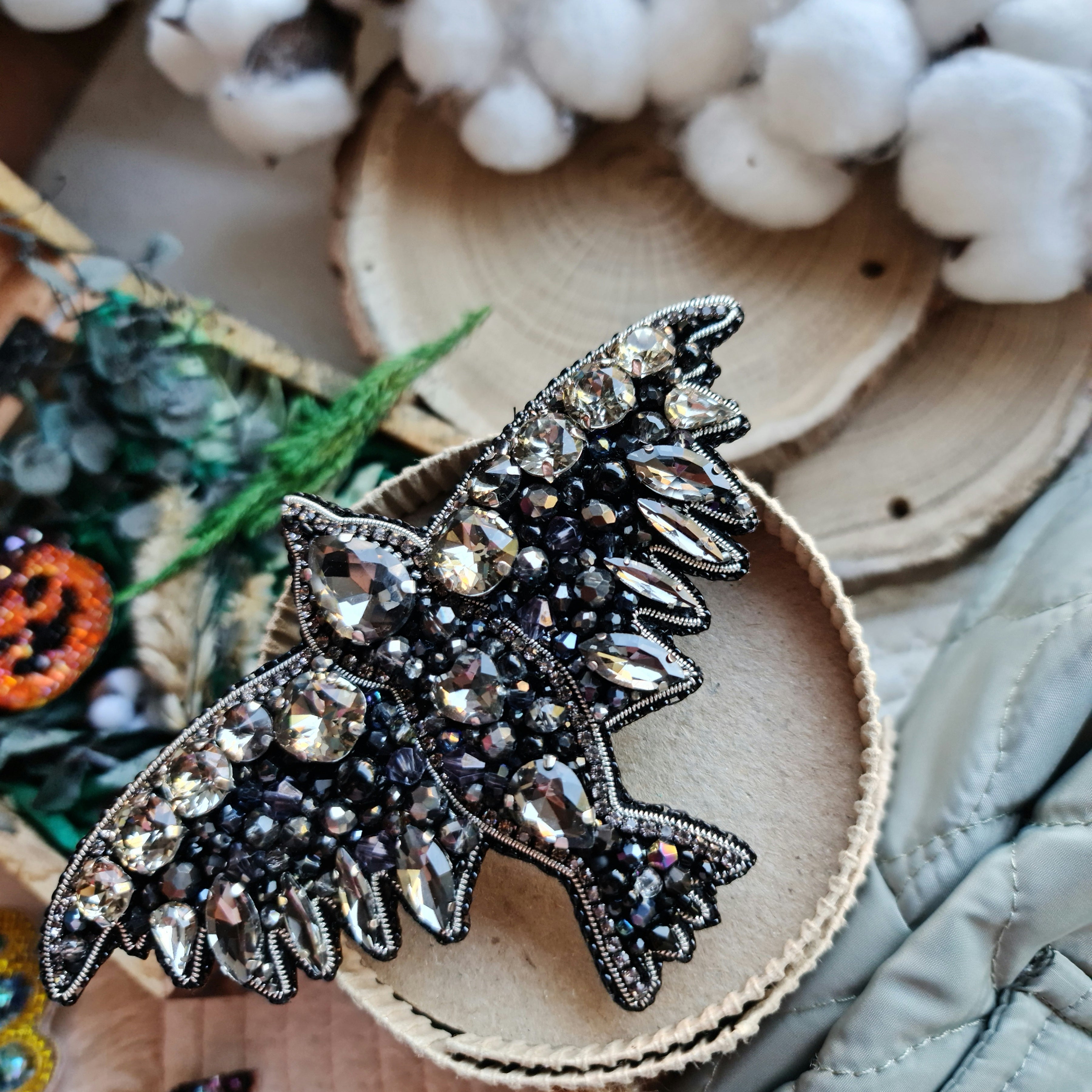 Black raven beaded brooch hand embroidered with crystals sequins and silver details