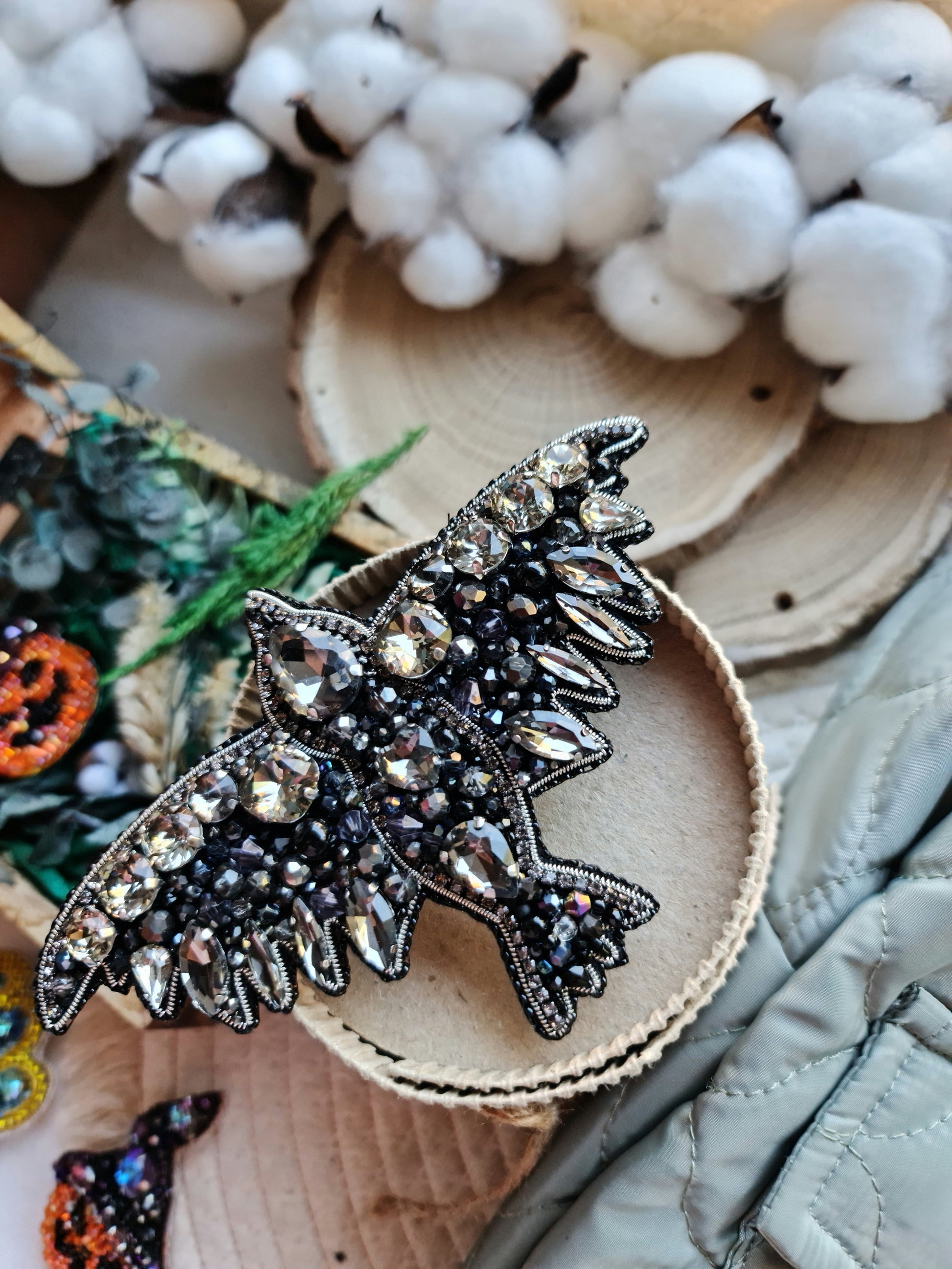 Black raven beaded brooch hand embroidered with crystals sequins and silver details
