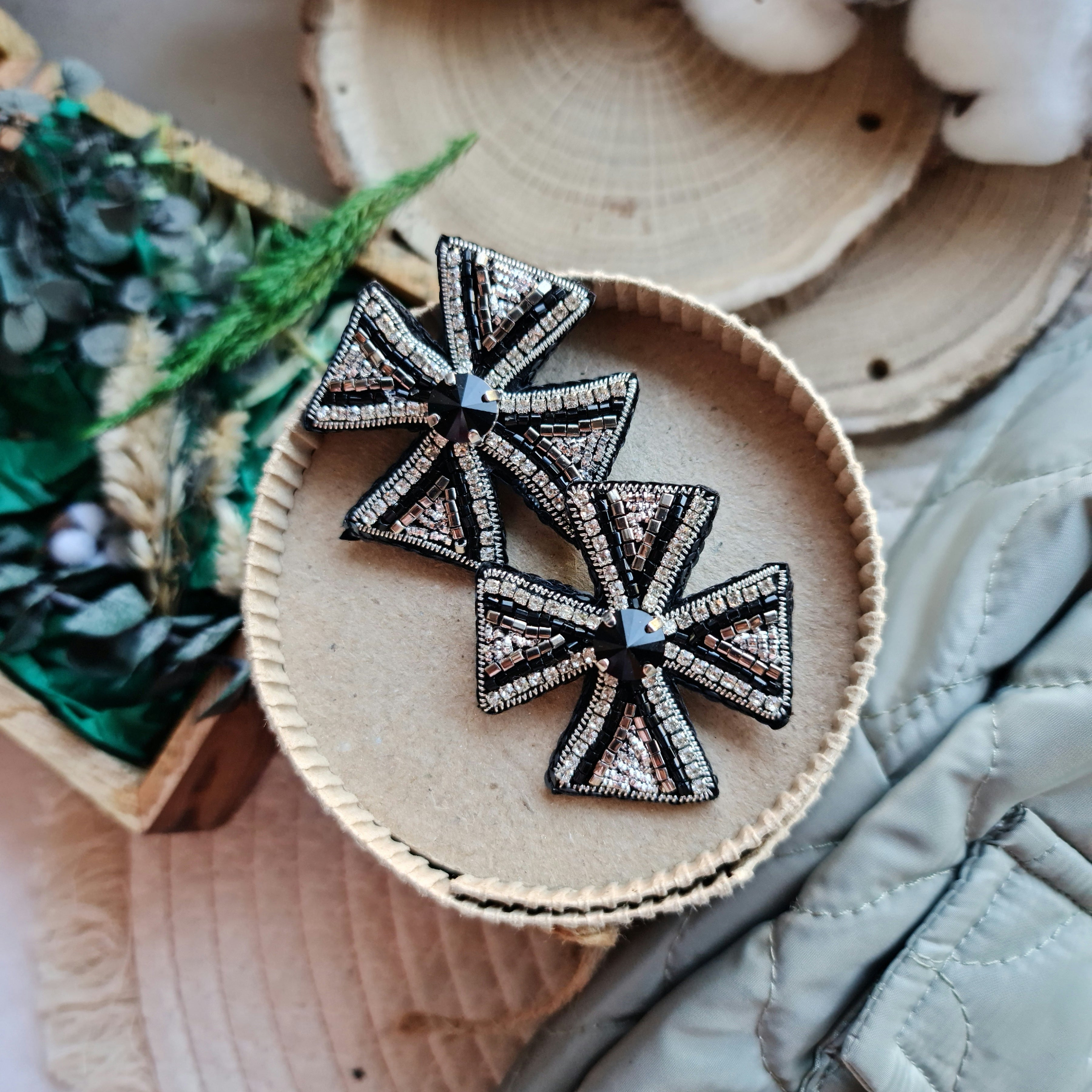 Cross beaded brooch hand embroidered with black silver beads crystals and sparkling rhinestone details