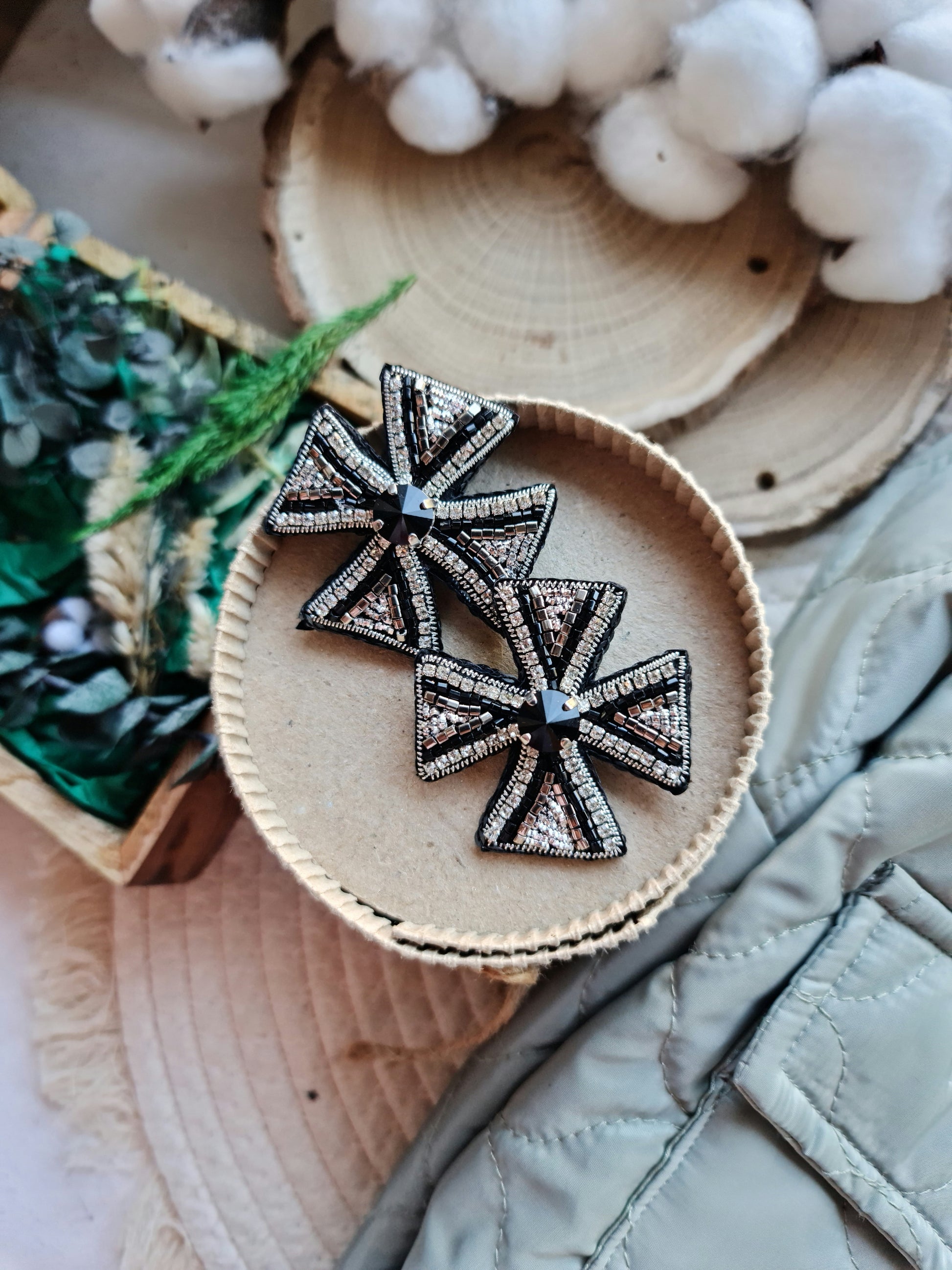 Cross beaded brooch hand embroidered with black silver beads crystals and sparkling rhinestone details