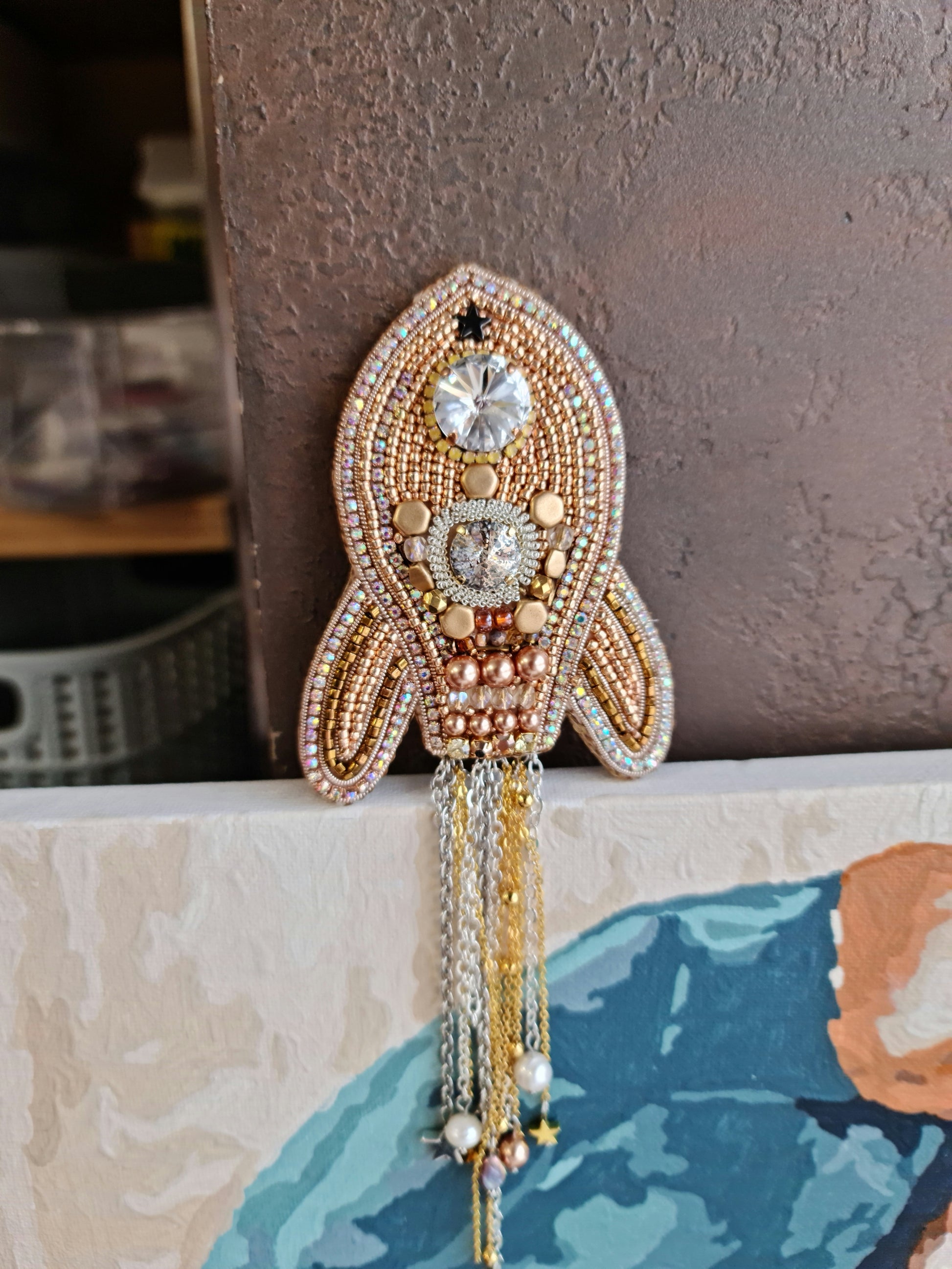 Rocket Beaded Brooch, Hand Embroidered Space Pin