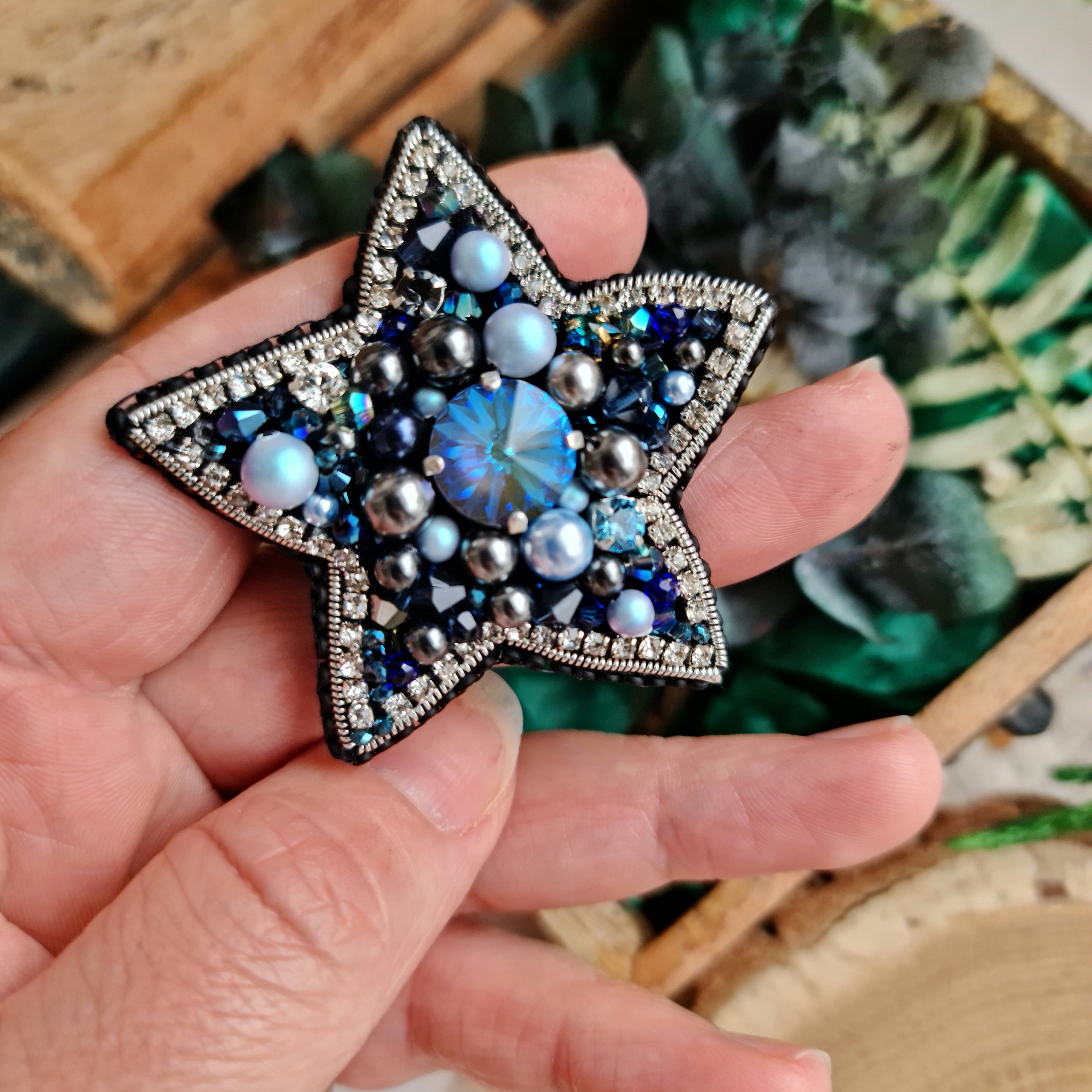 Blue star beaded brooch hand embroidered with crystals pearls and silver details