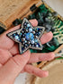 Blue star beaded brooch hand embroidered with crystals pearls and silver details
