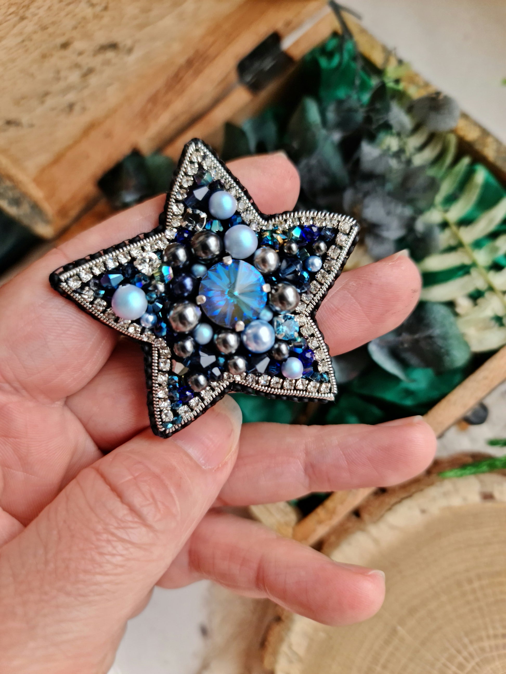 Blue star beaded brooch hand embroidered with crystals pearls and silver details