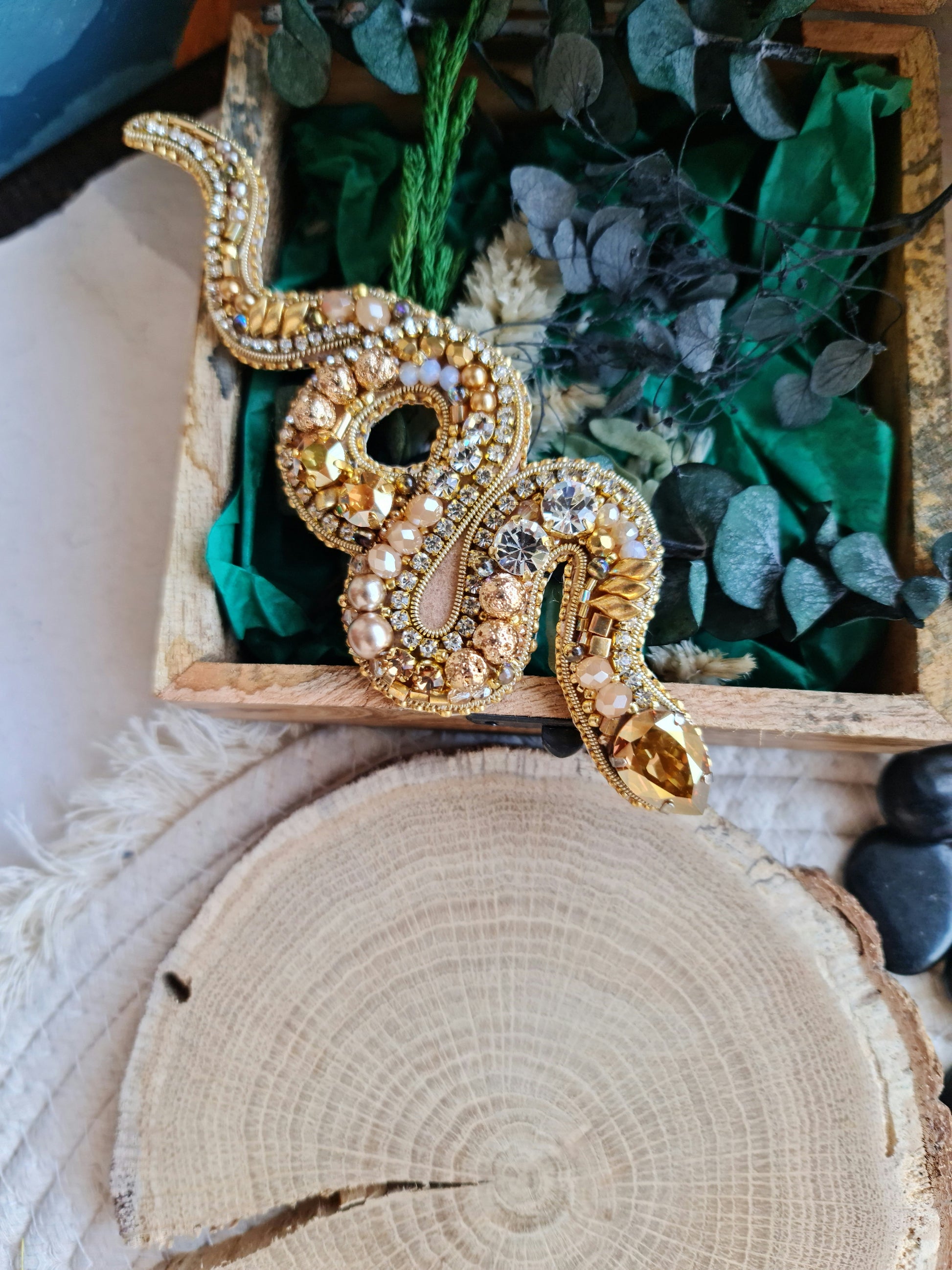 Hand embroidered snake brooch available in gold and emerald with crystals beads and rhinestone details