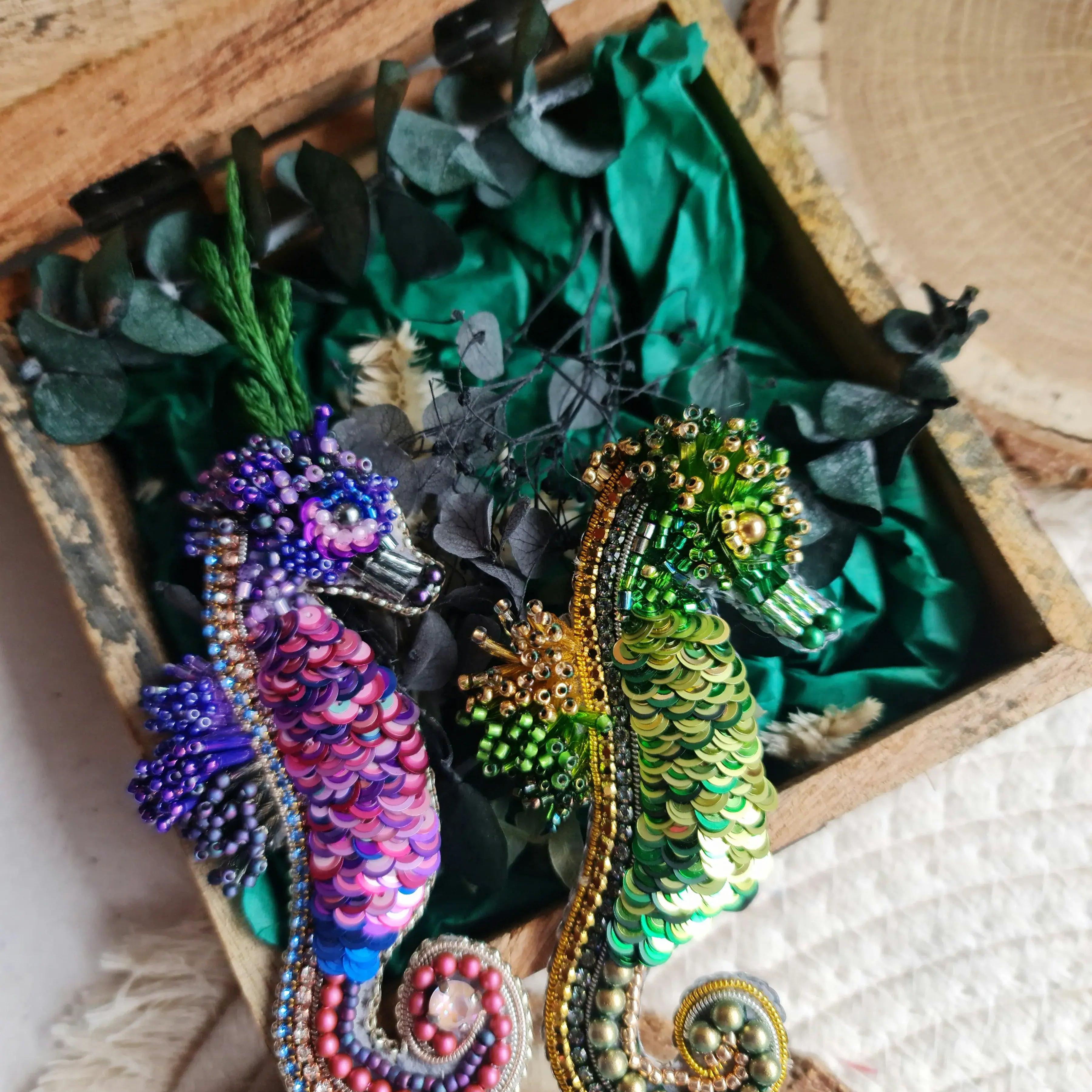 Green Seahorse Beaded Brooch