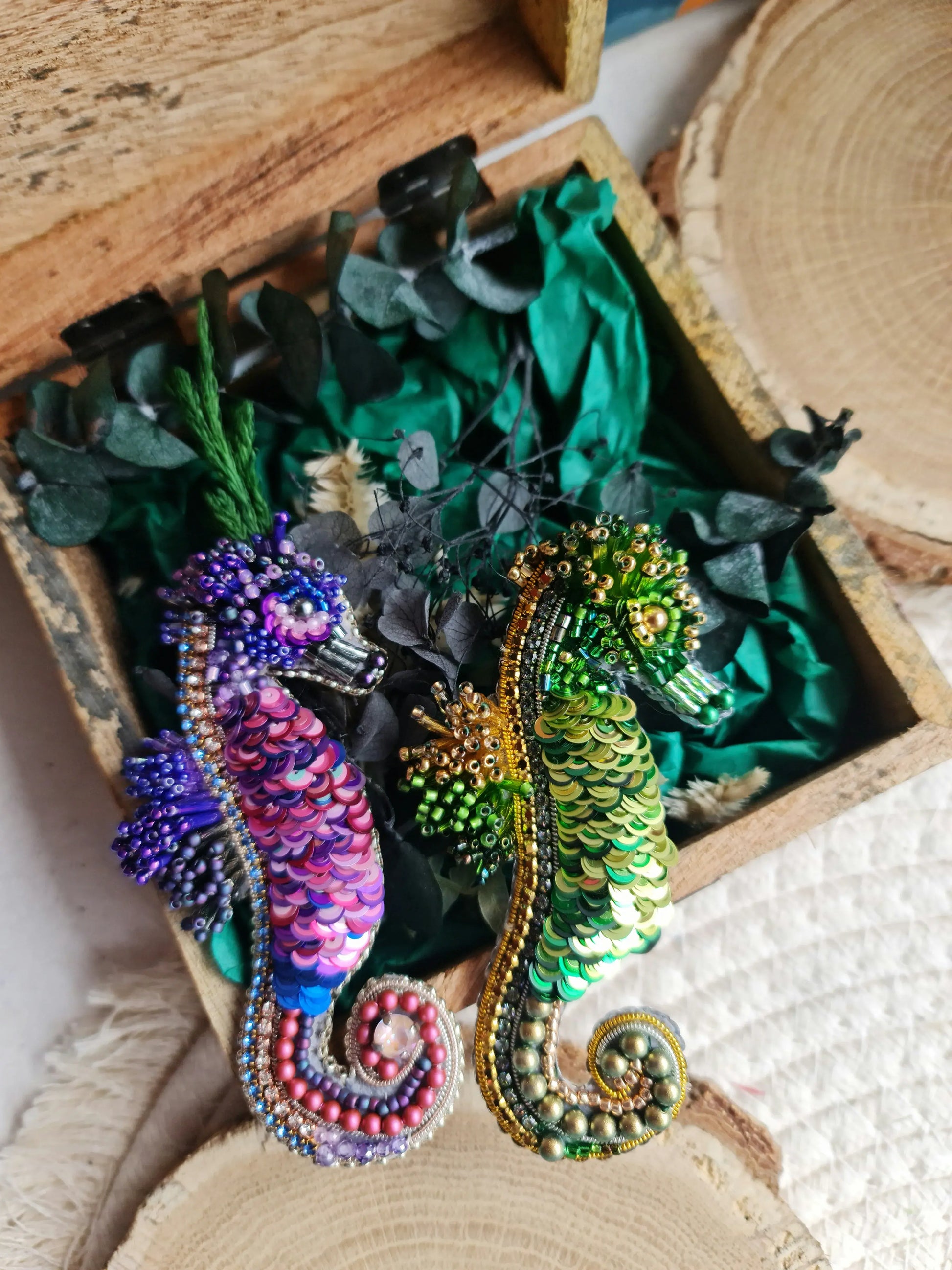 Green Seahorse Beaded Brooch
