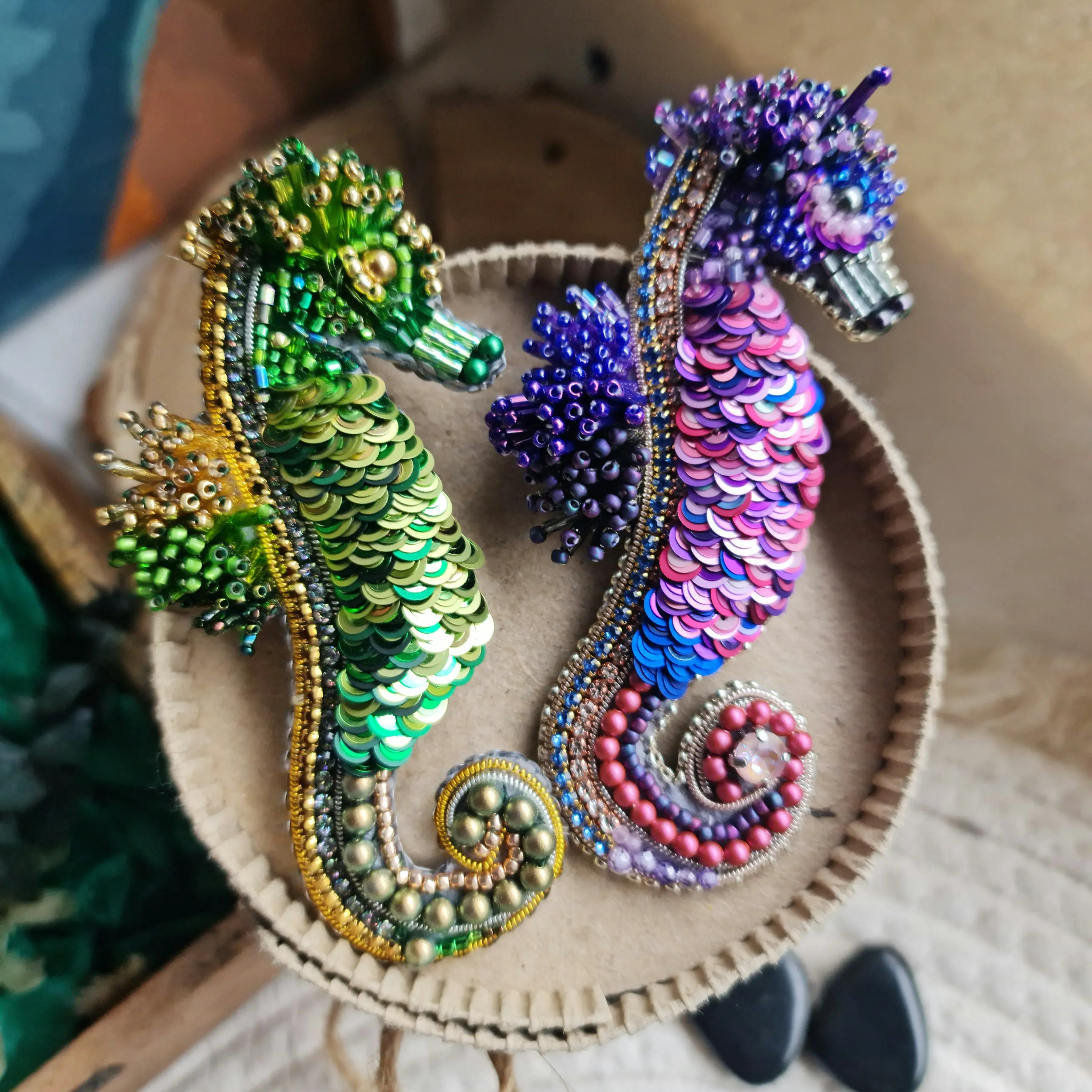 Green Seahorse Beaded Brooch