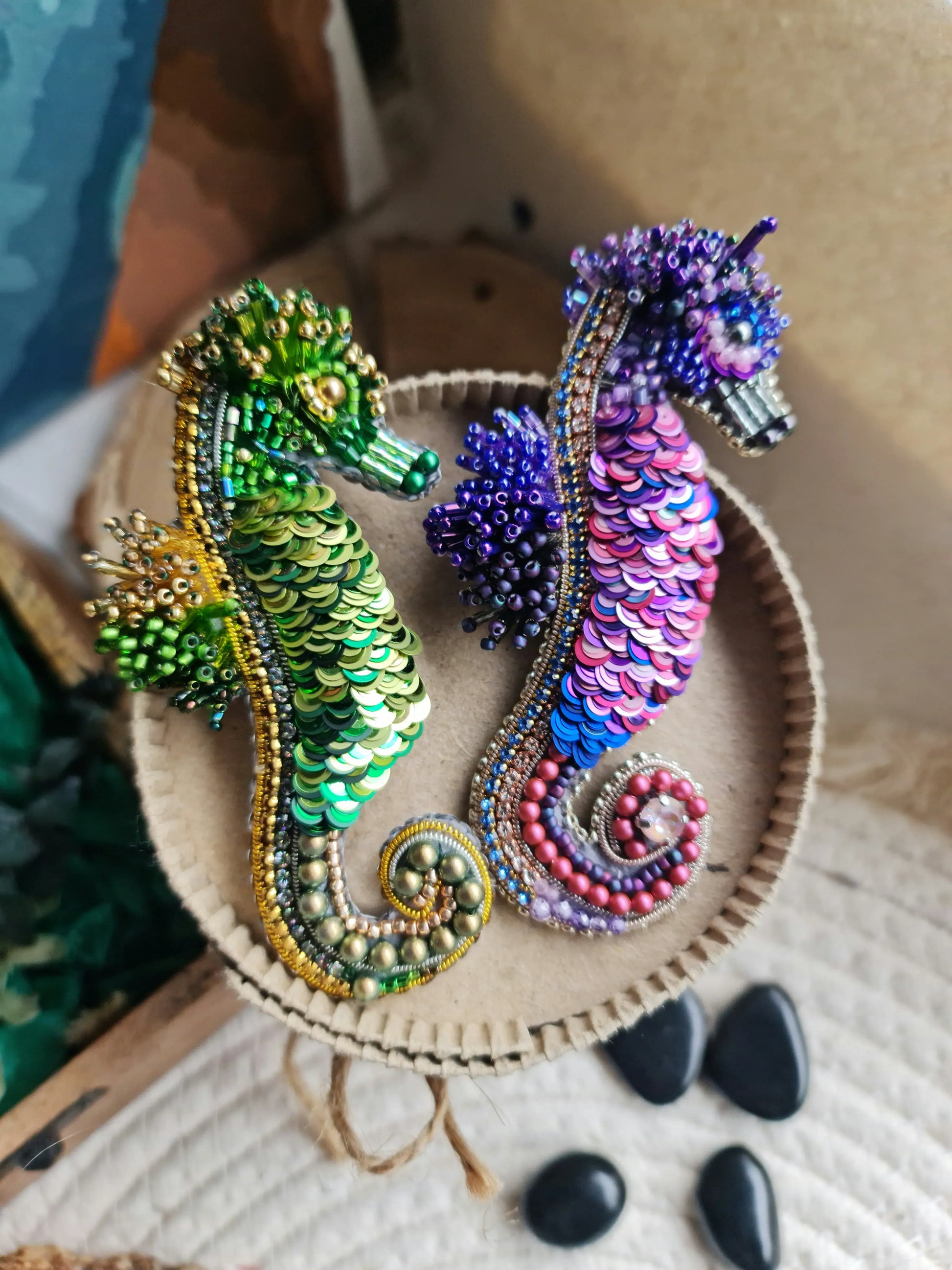 Green Seahorse Beaded Brooch