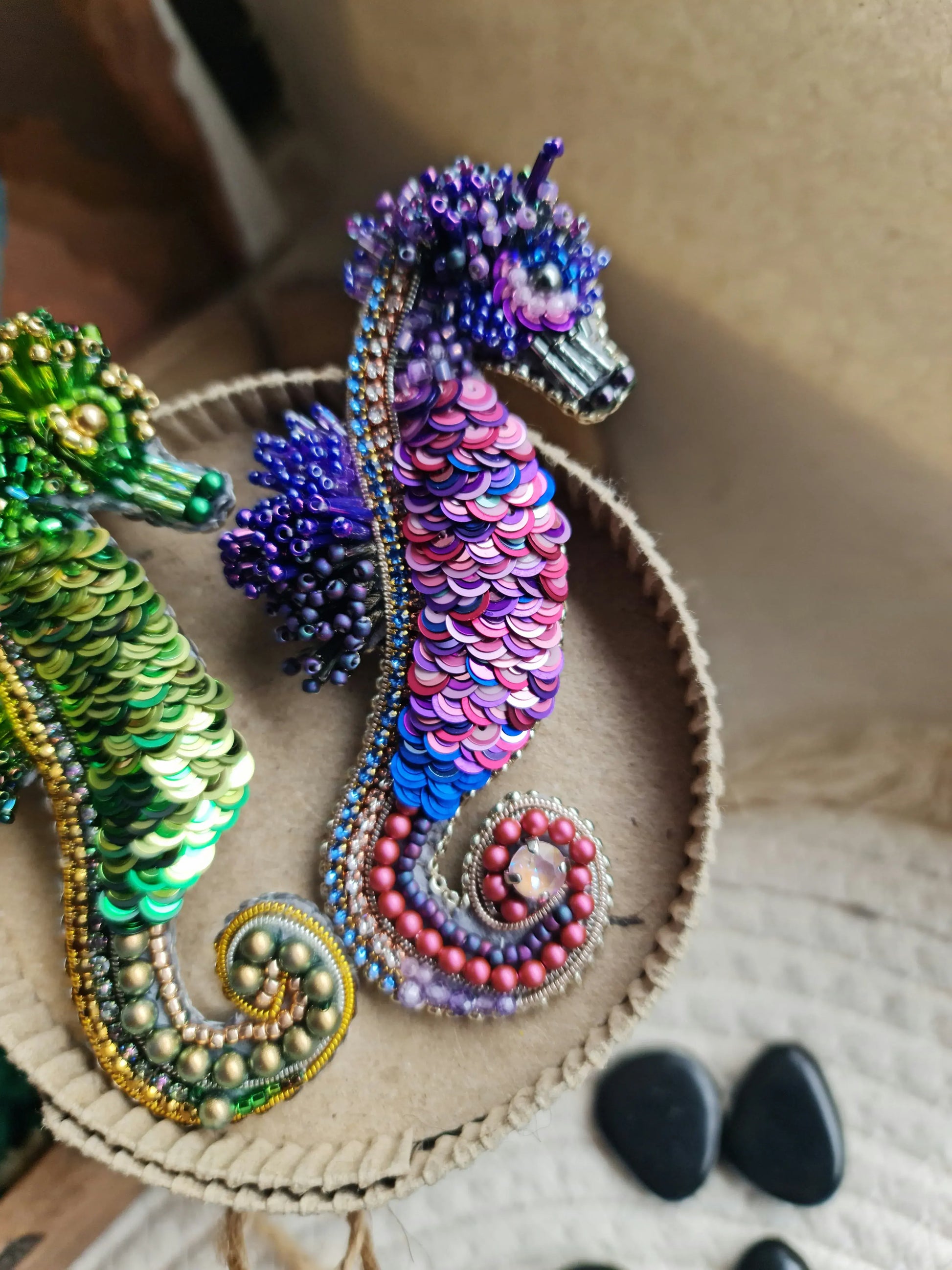 Green Seahorse Beaded Brooch