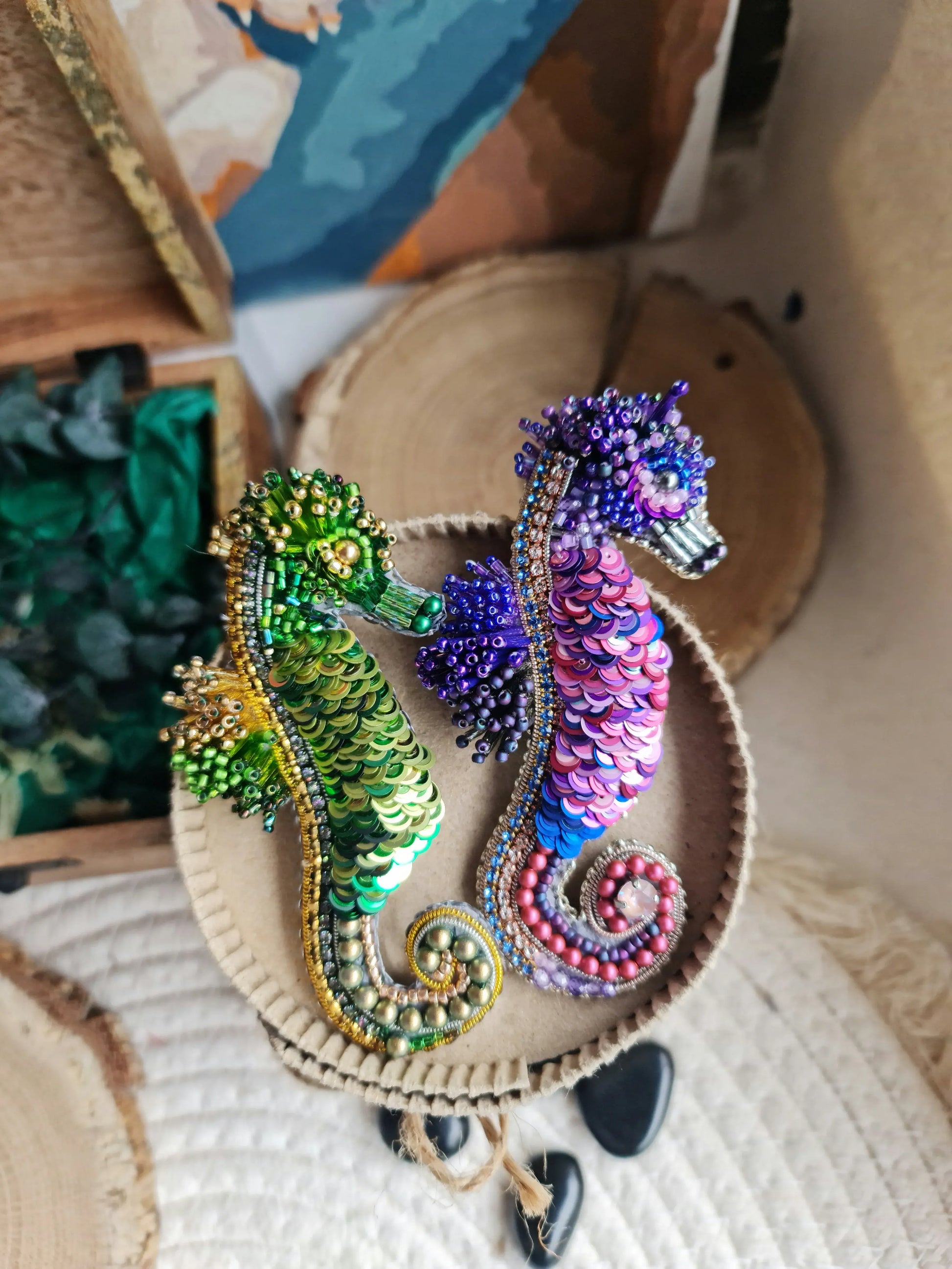 Green Seahorse Beaded Brooch