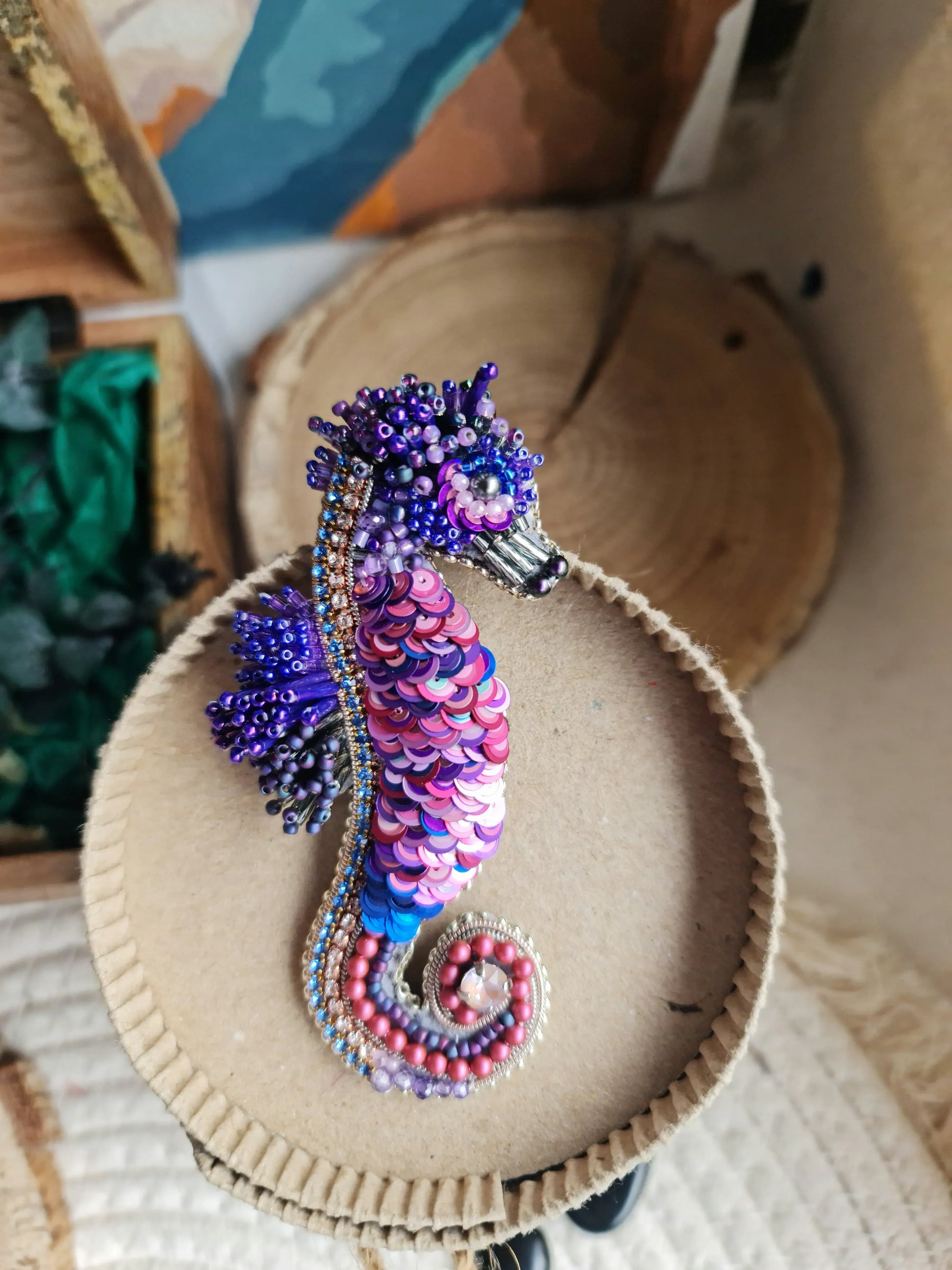 Green Seahorse Beaded Brooch