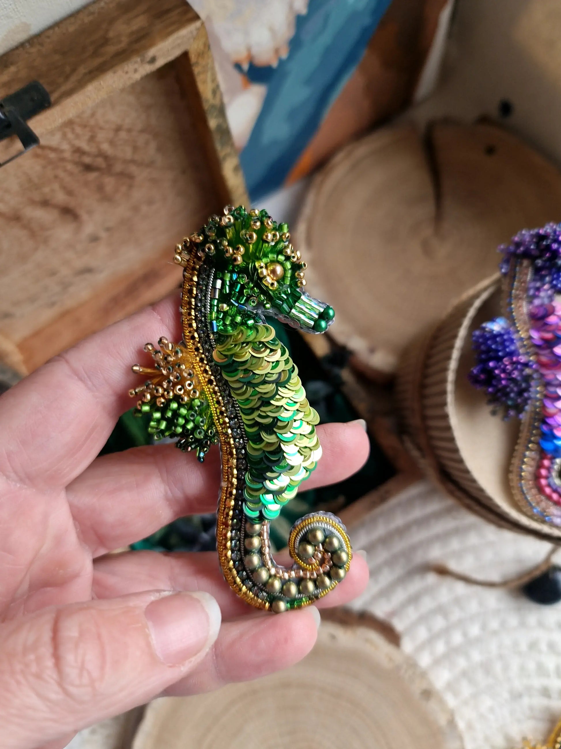 Green Seahorse Beaded Brooch