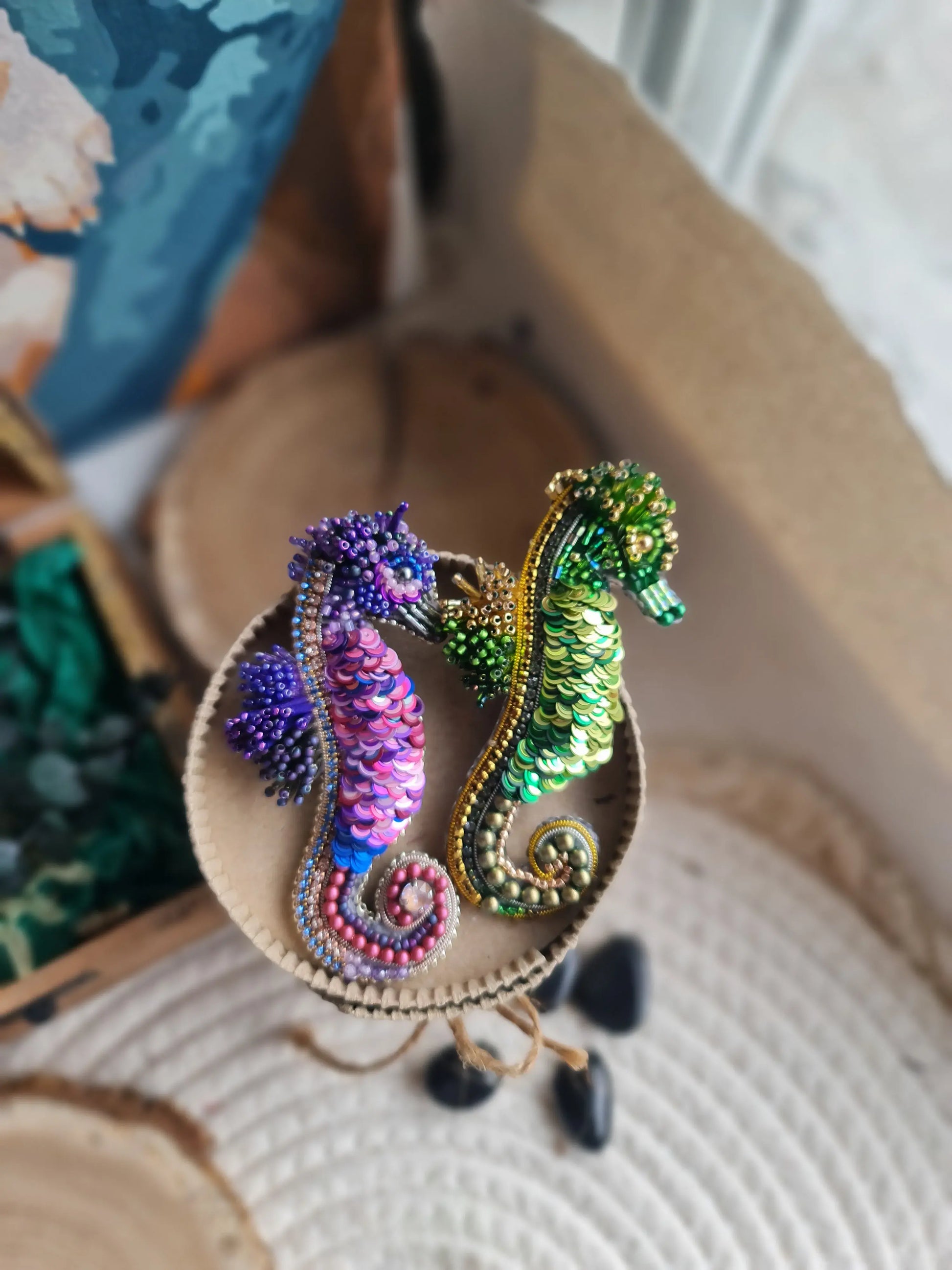 Green Seahorse Beaded Brooch
