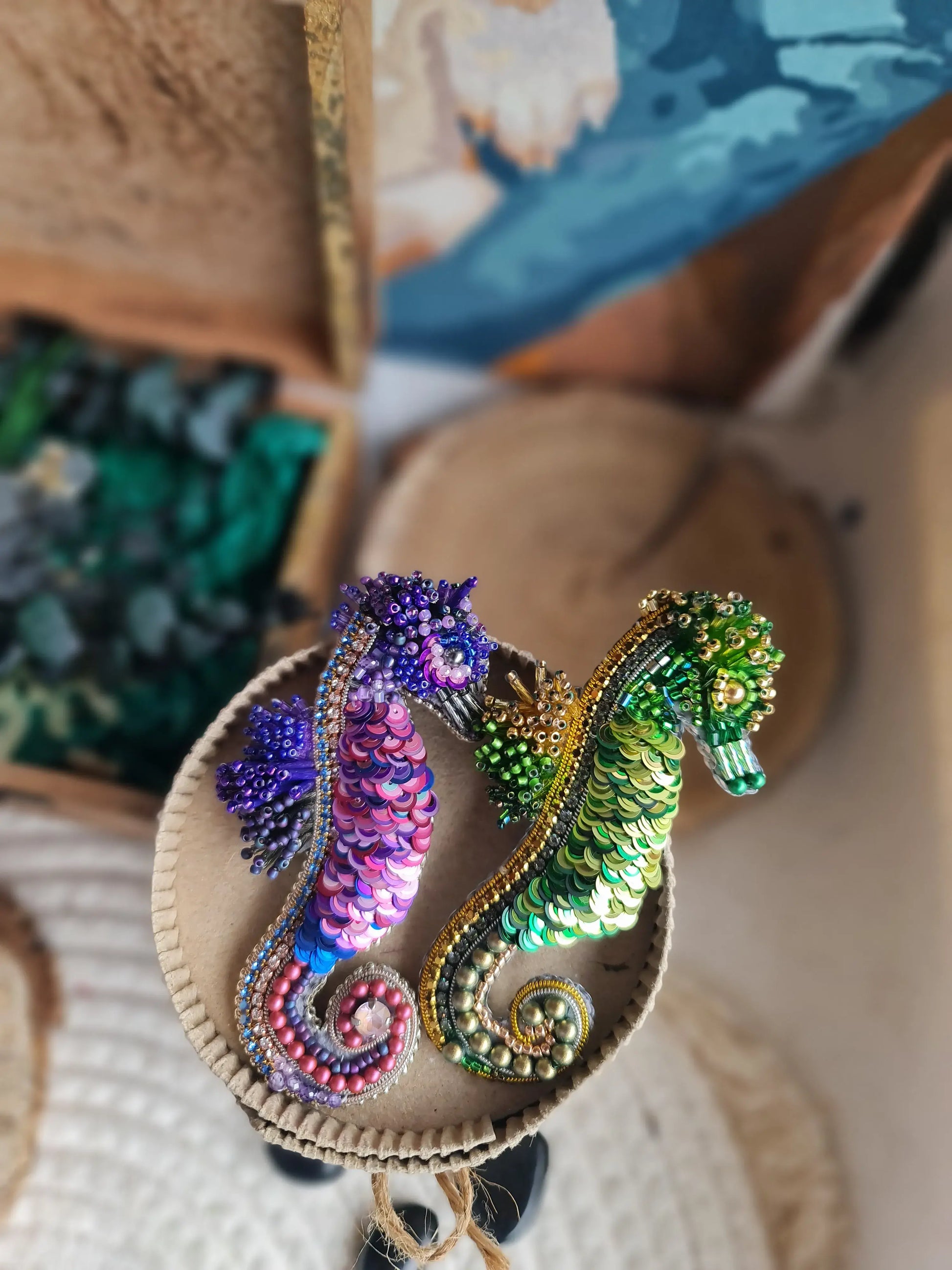 Green Seahorse Beaded Brooch