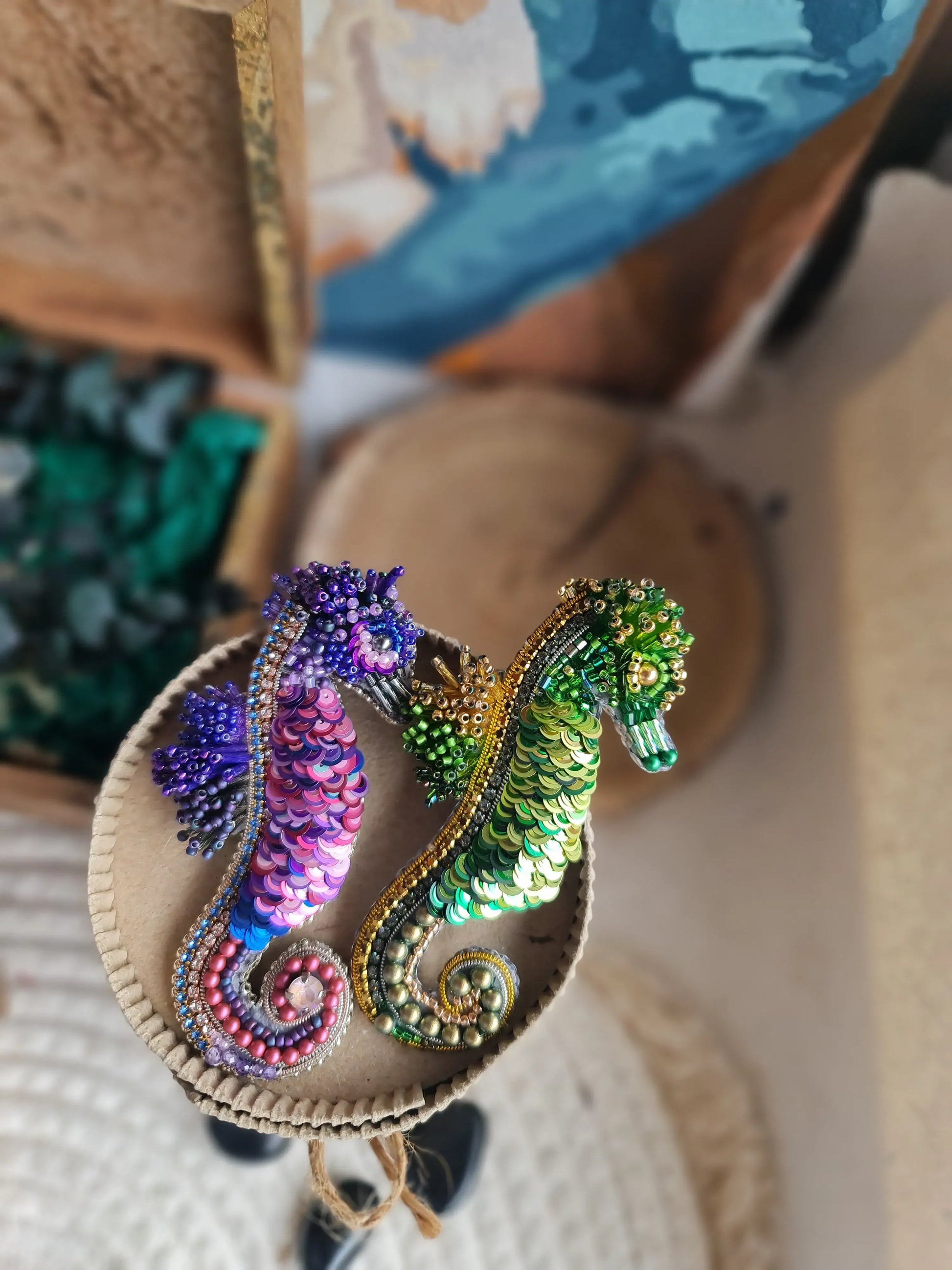 Green Seahorse Beaded Brooch