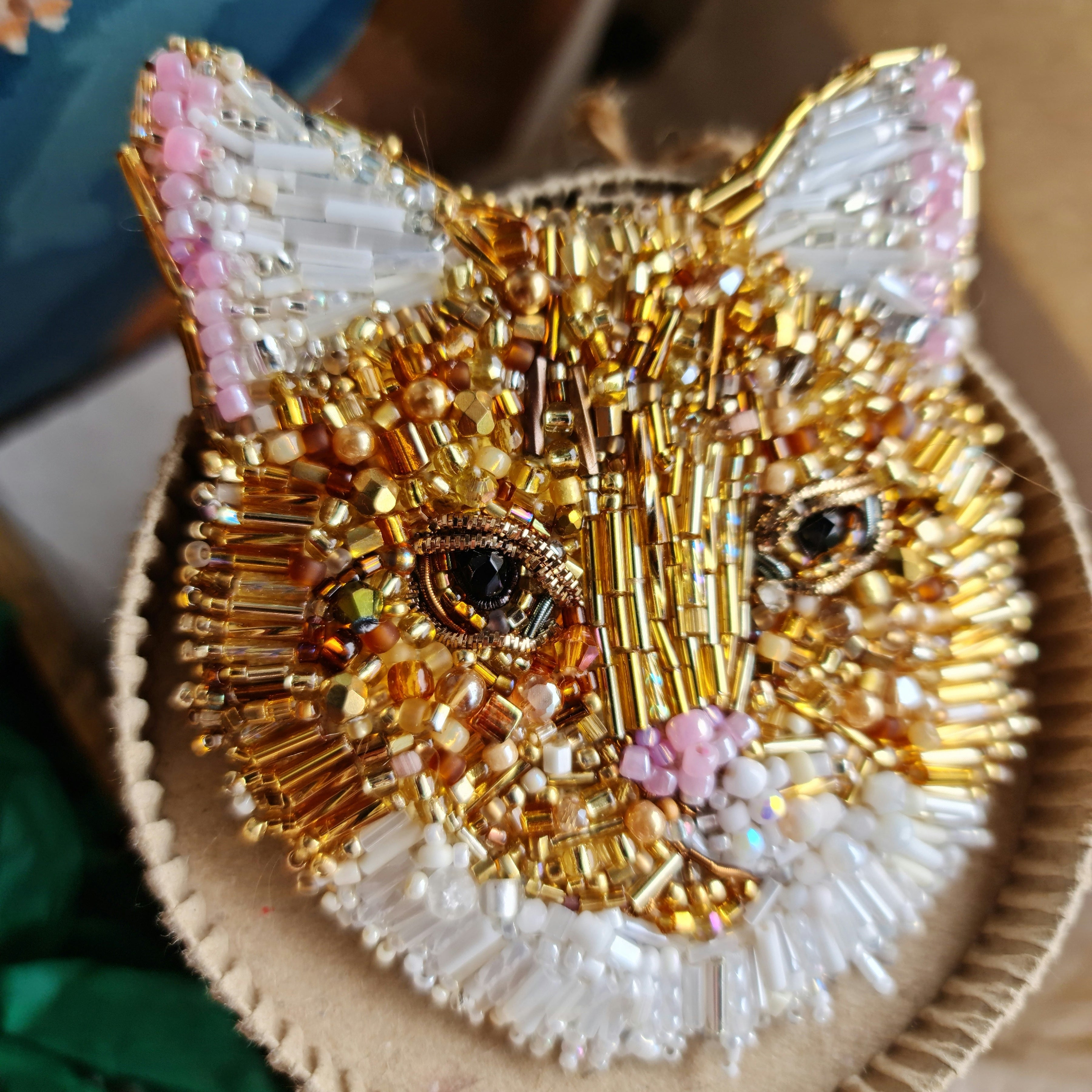 Custom cat portrait beaded brooch or wall art hand embroidered from pet photo with beads crystals and thread details