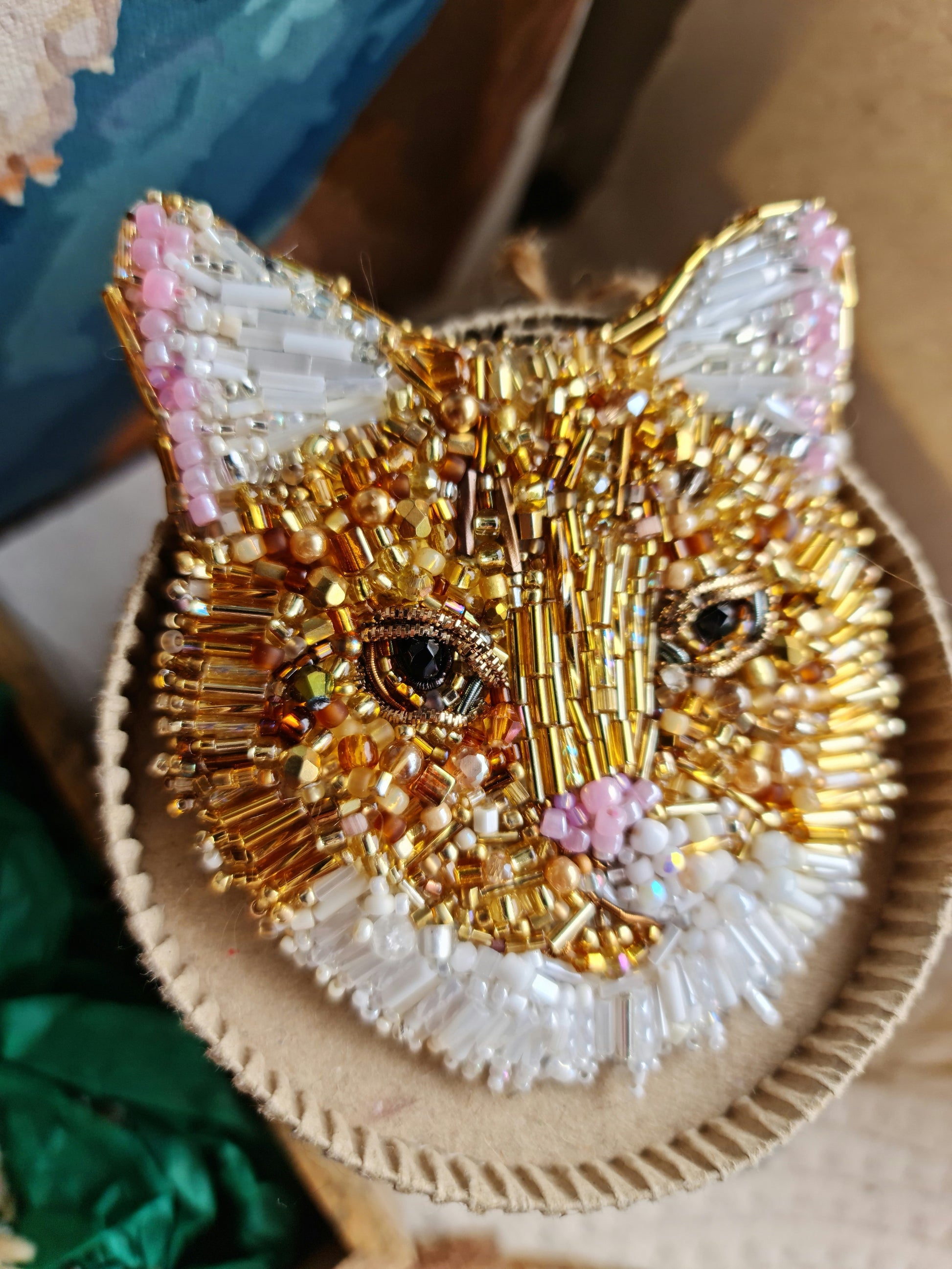 Custom cat portrait beaded brooch or wall art hand embroidered from pet photo with beads crystals and thread details