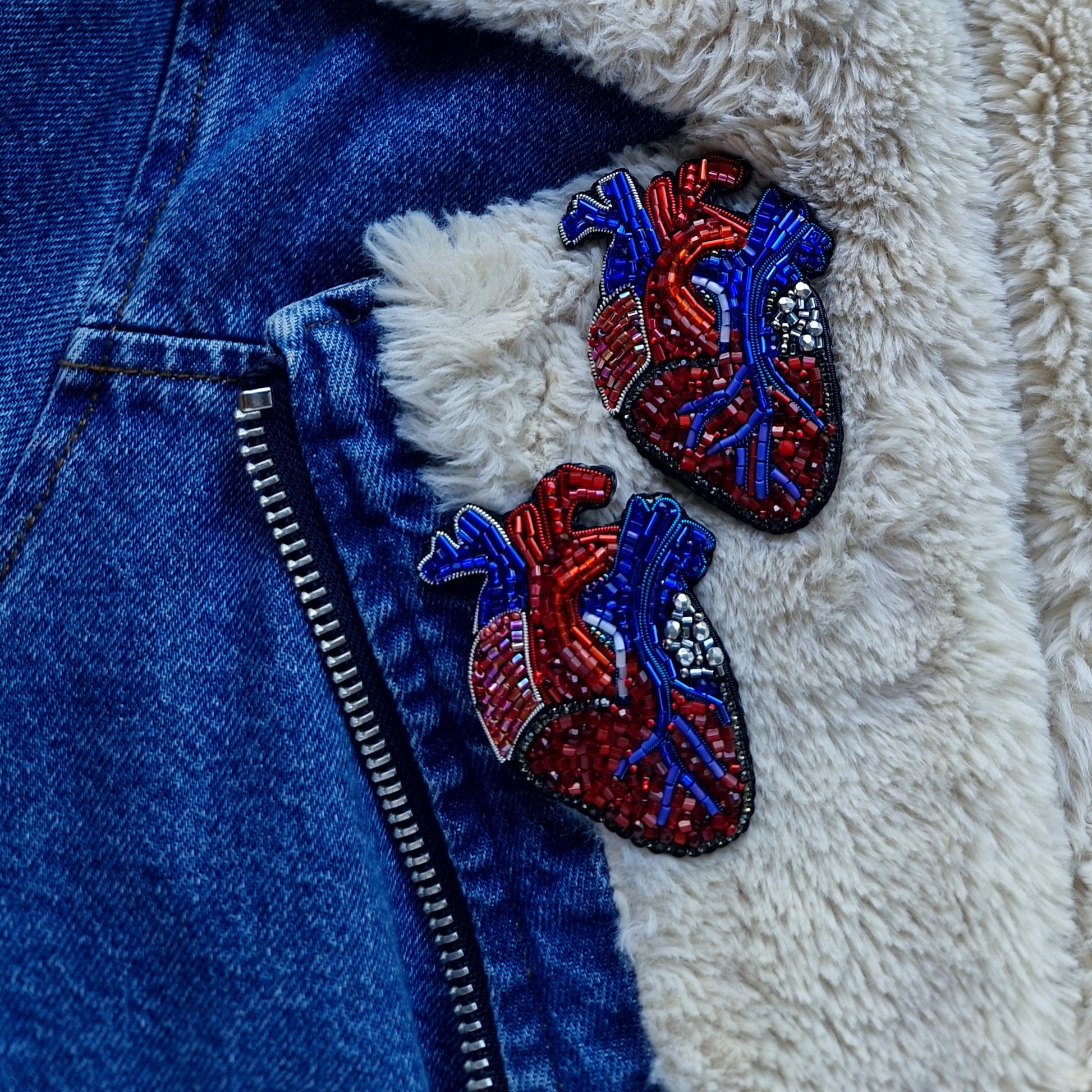 Anatomical Heart Beaded Brooch – Handmade Embroidered Medical Pin