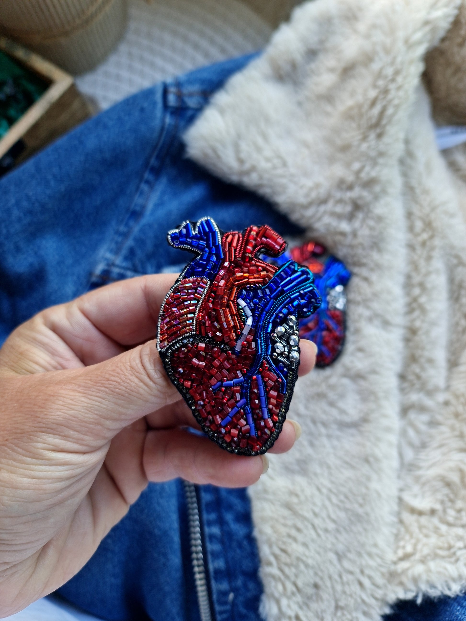 Anatomical Heart Beaded Brooch – Handmade Embroidered Medical Pin
