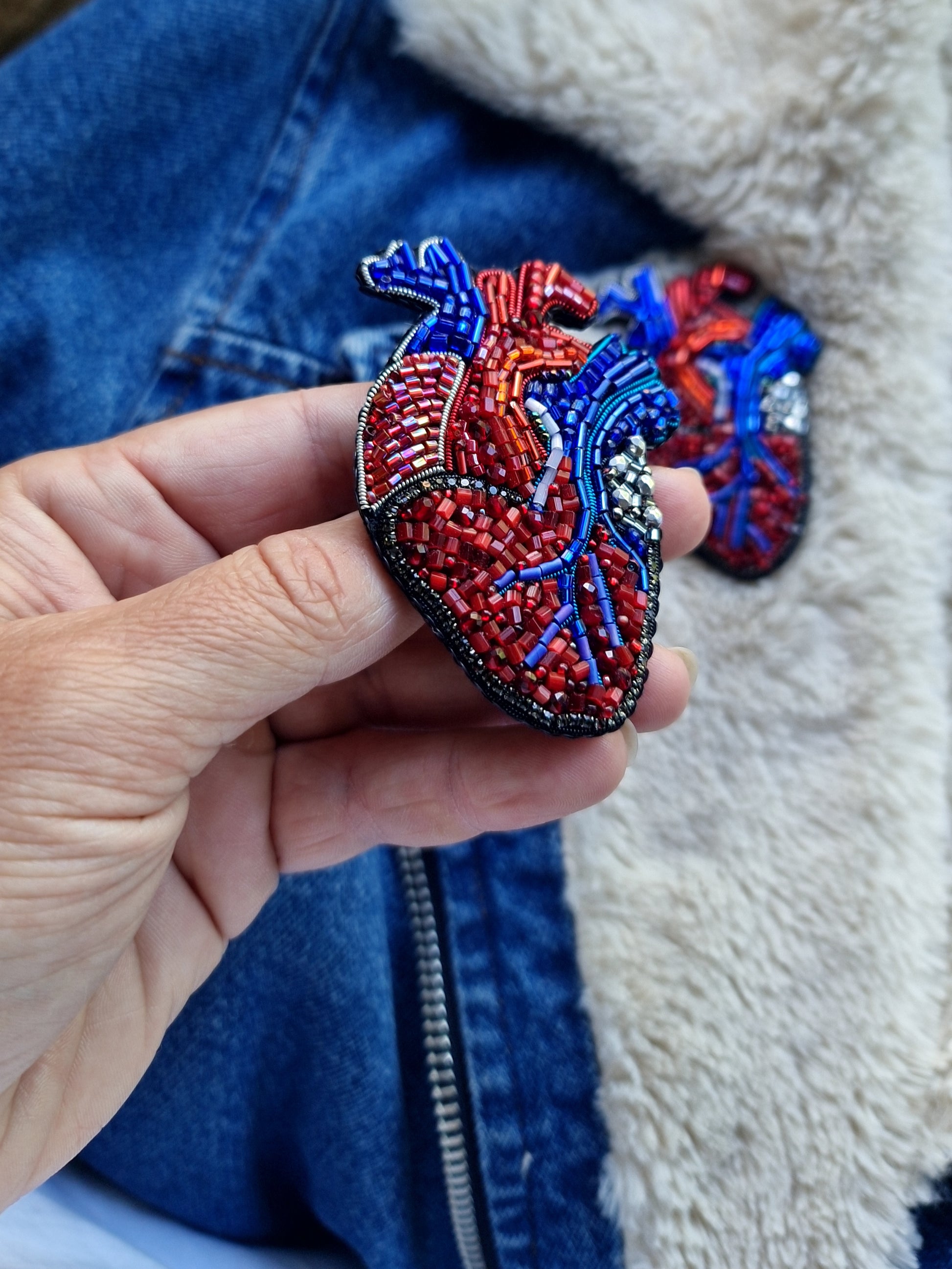 Anatomical Heart Beaded Brooch – Handmade Embroidered Medical Pin