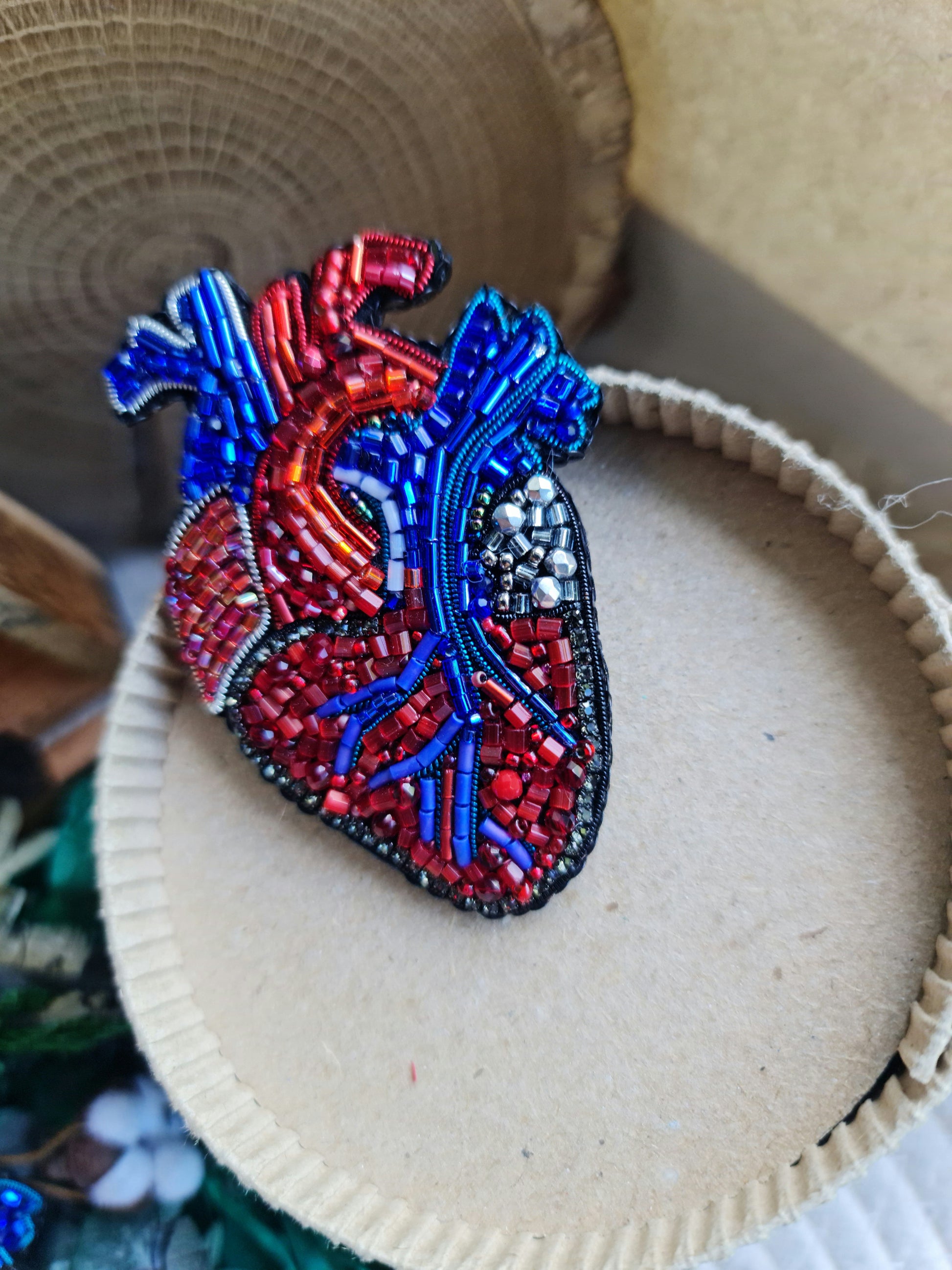 Anatomical Heart Beaded Brooch – Handmade Embroidered Medical Pin