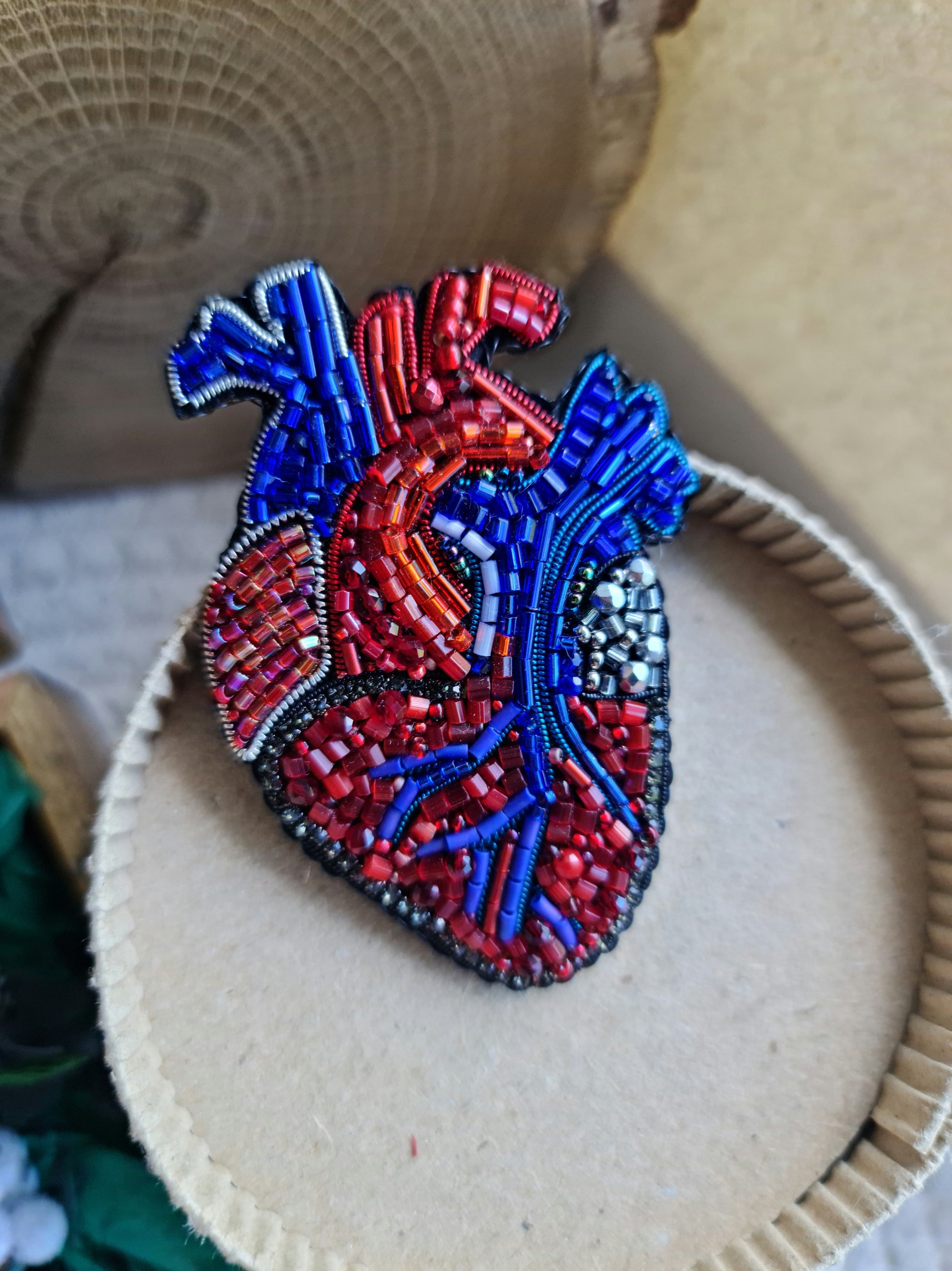 Anatomical Heart Beaded Brooch – Handmade Embroidered Medical Pin