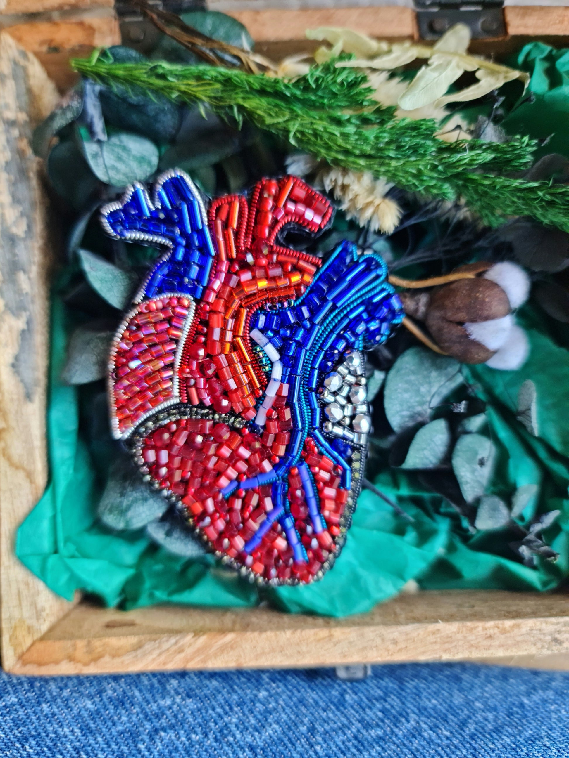 Anatomical Heart Beaded Brooch – Handmade Embroidered Medical Pin