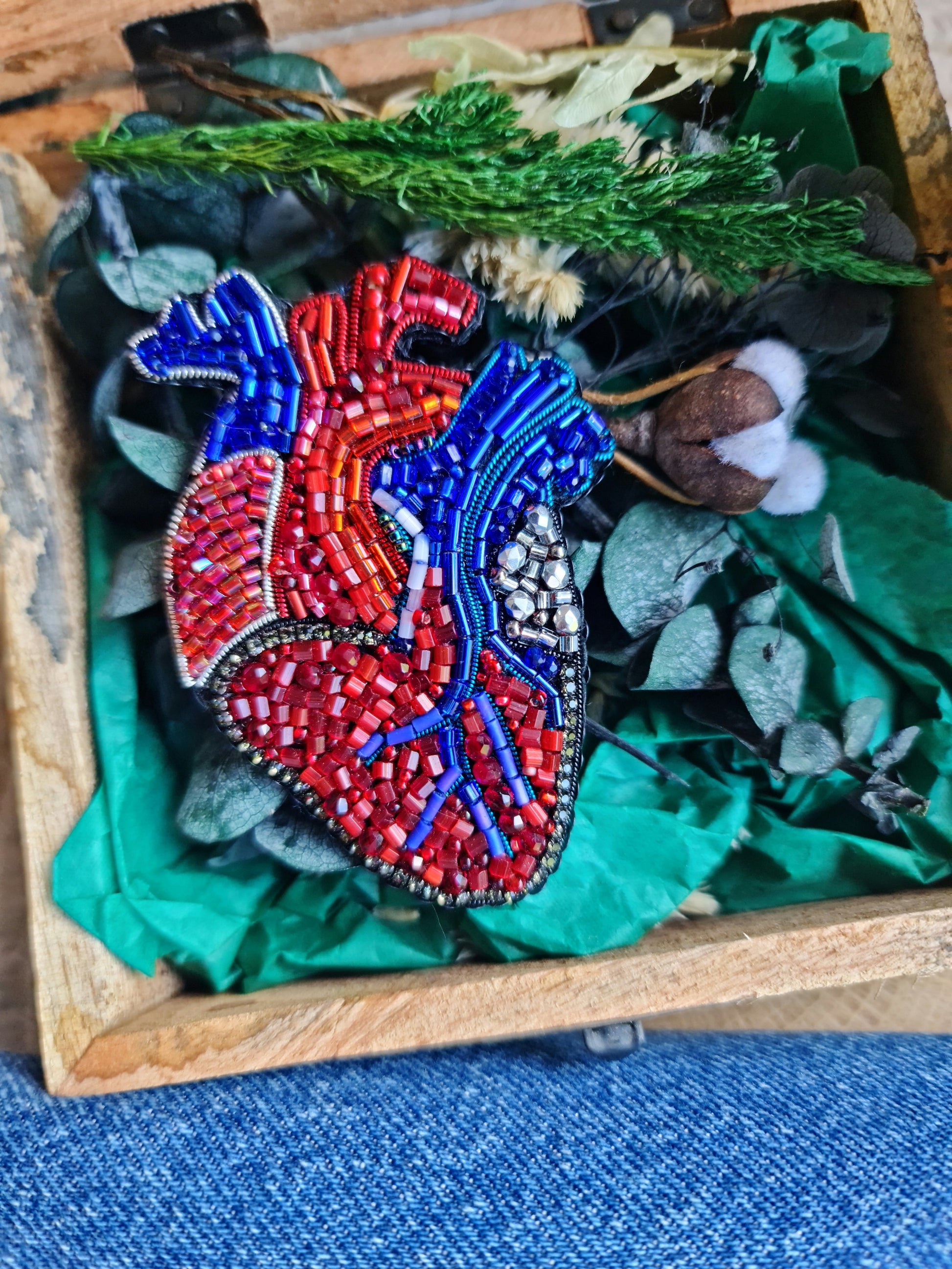 Anatomical Heart Beaded Brooch – Handmade Embroidered Medical Pin